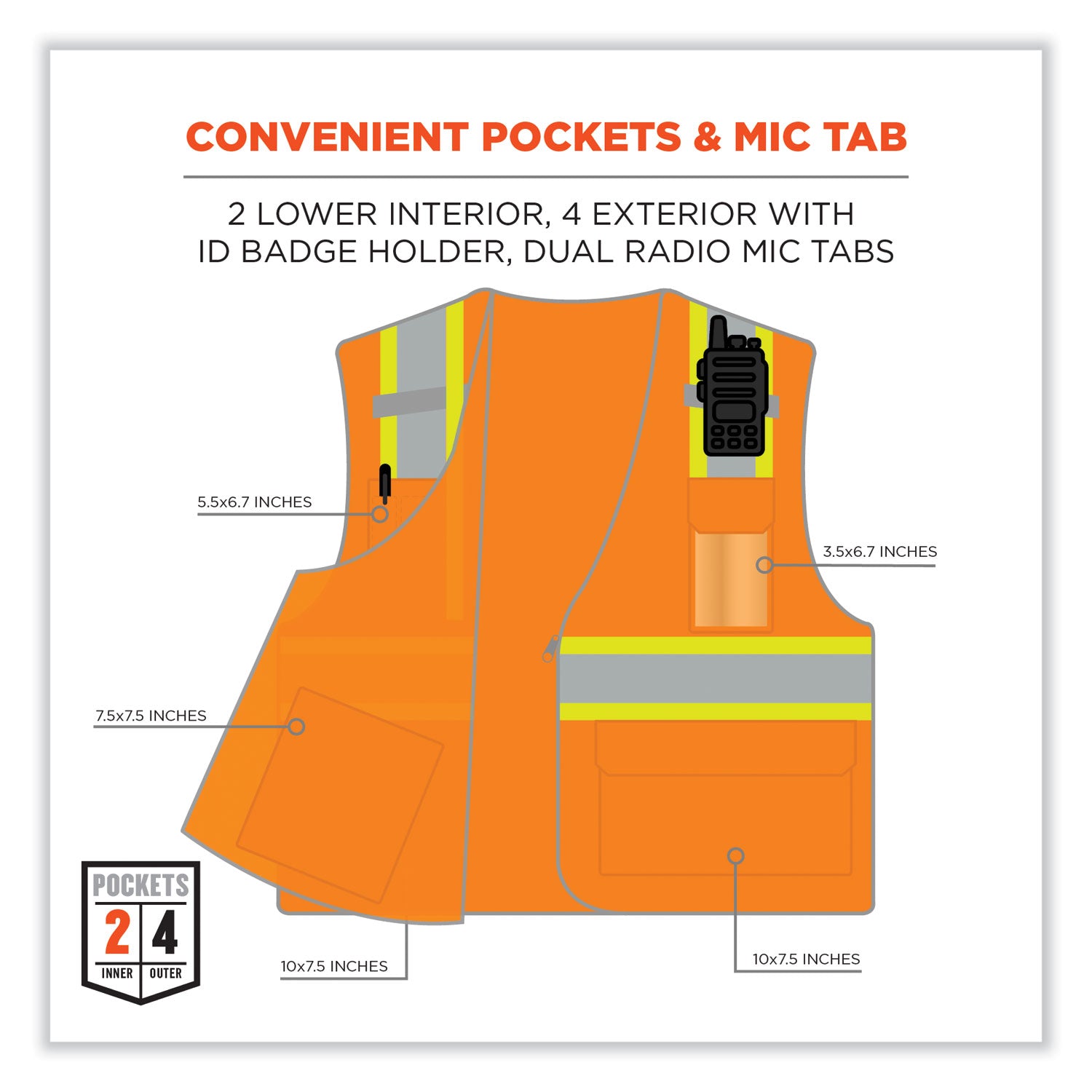 Ergodyne 8246Z Two-Tone Mesh Vest, Type R Class 2, 2XL/3XL, Zipper Closure, Orange, Machine Washable, Mic Tab, Reflective Strip, Breathable, Lightweight, Badge Holder, Reflective Piping, Interior Pocket, 1 Each