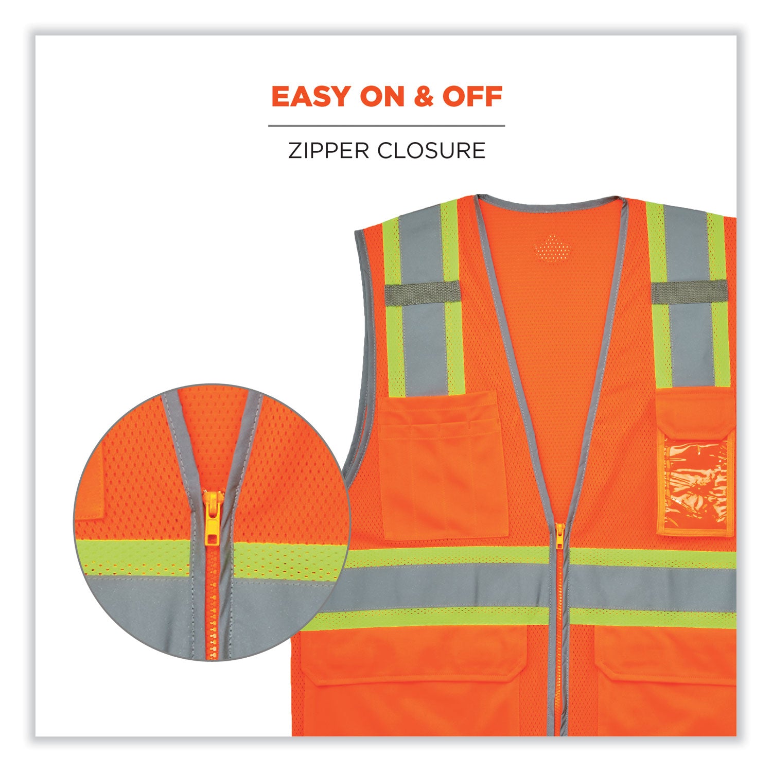 Ergodyne 8246Z Two-Tone Mesh Vest, Type R Class 2, 2XL/3XL, Zipper Closure, Orange, Machine Washable, Mic Tab, Reflective Strip, Breathable, Lightweight, Badge Holder, Reflective Piping, Interior Pocket, 1 Each
