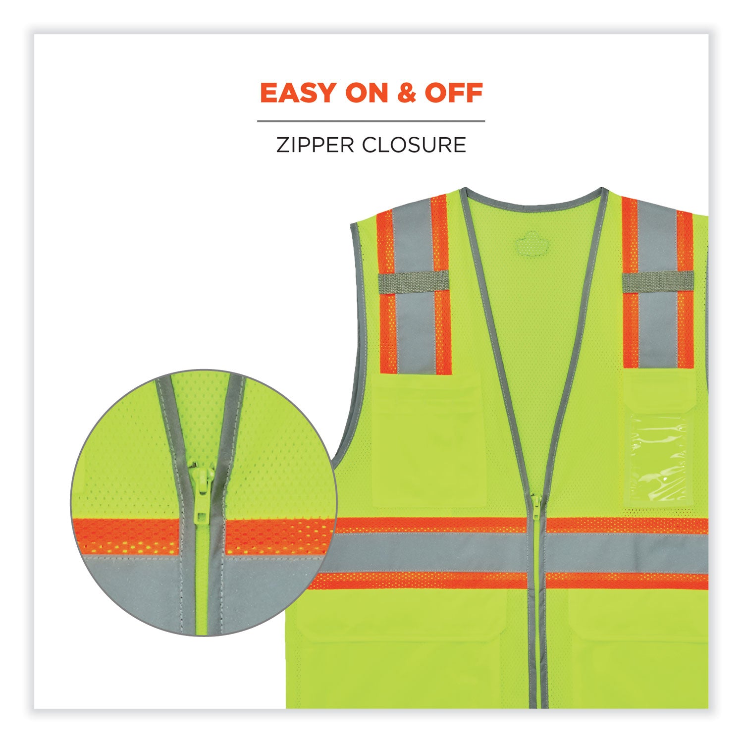 Ergodyne 8246Z Two-Tone Mesh Vest, Type R Class 2, Large/Extra Large, Zipper Closure, Lime, Machine Washable, Reflective Striping, Badge Holder, Mic Tab, Interior Pocket, 1 Each