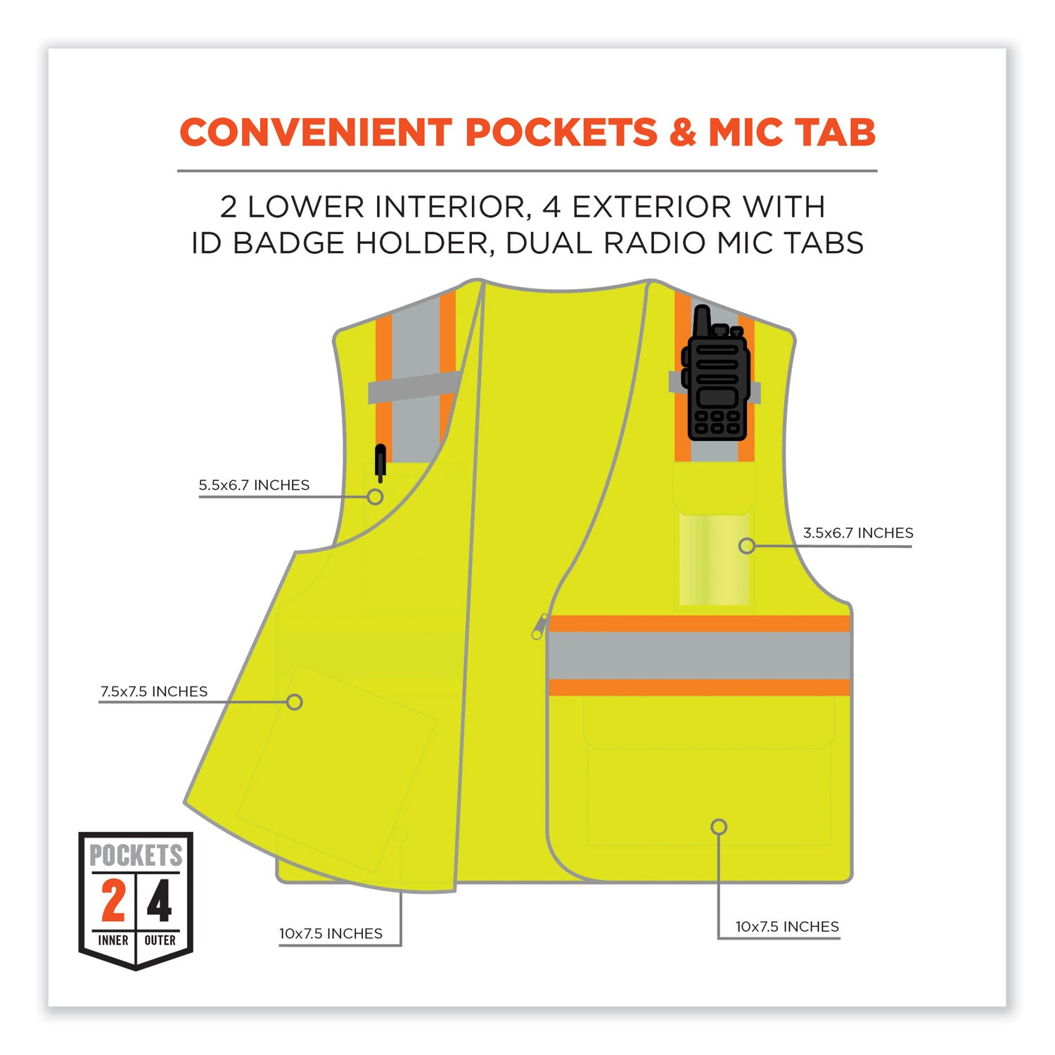 Ergodyne 8246Z Two-Tone Mesh Vest, Type R Class 2, 2XL/3XL, Zipper Closure, Lime, Machine Washable, Mic Tab, Reflective Strip, Breathable, Lightweight, Badge Holder, Interior Pocket, 1 Each