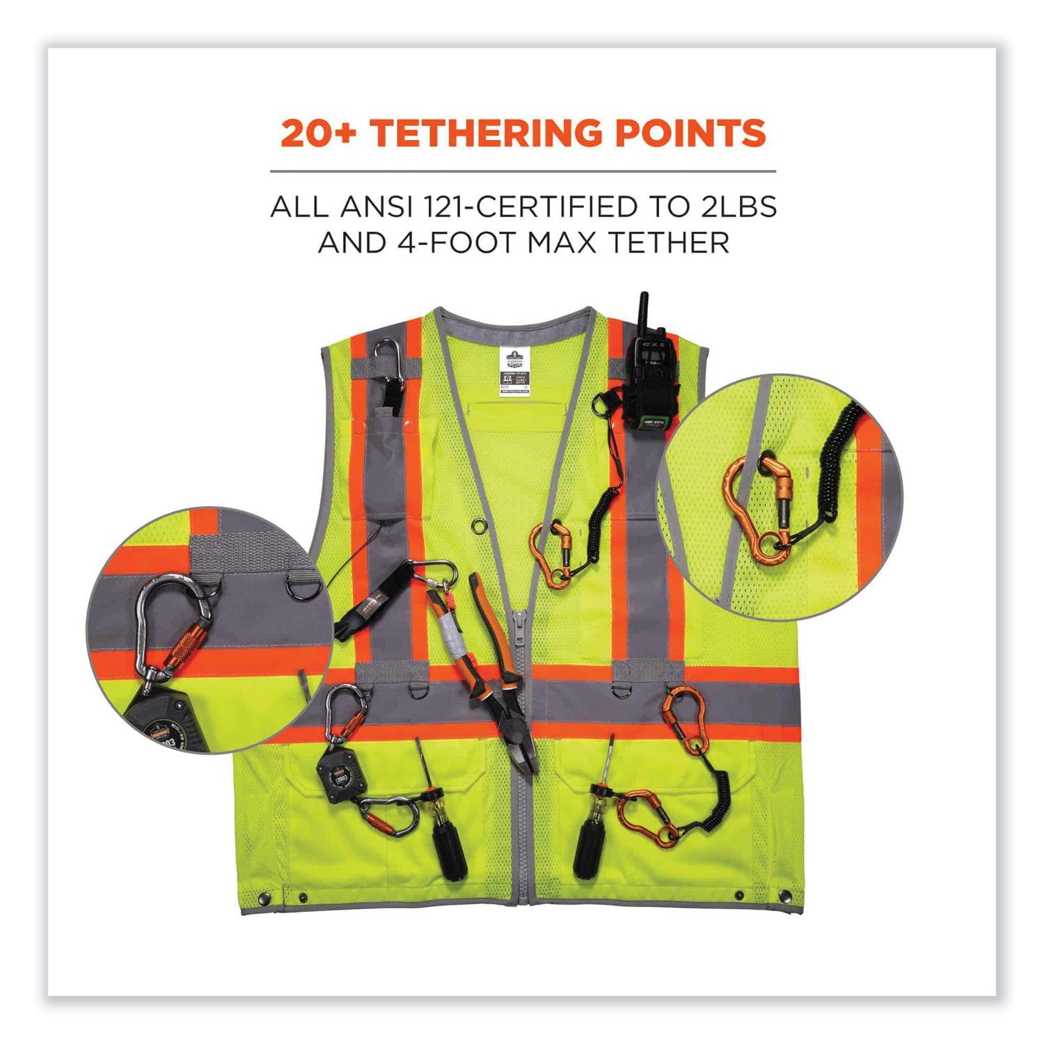 Ergodyne 8231TV Hi-Vis Tool Tethering Safety Vest, Type R Class 2, Lime, 4XL/5XL, Chest Pocket, Retractable Pocket, Includes 2 Coil Lanyards & 1 Retractable Lanyard, 1 Each
