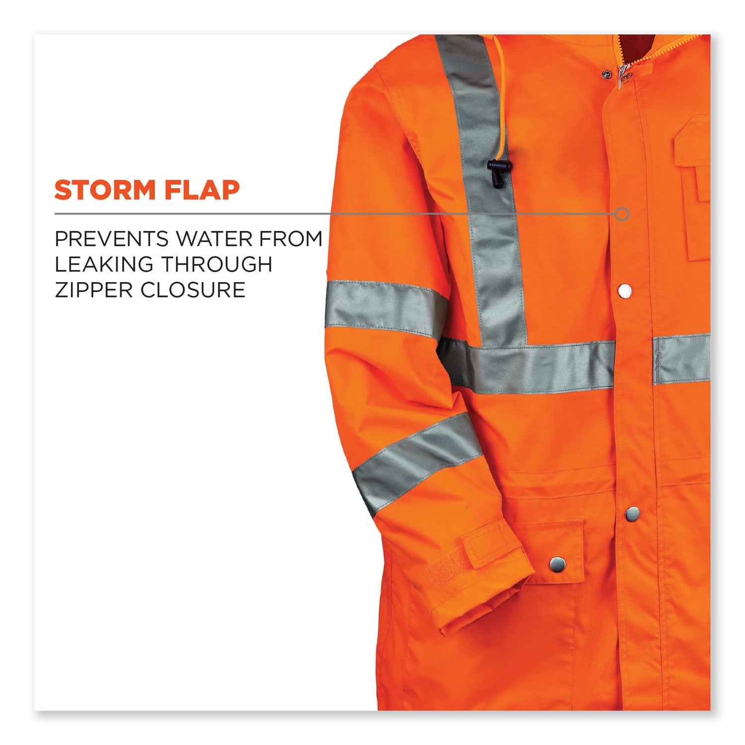 Ergodyne 8365 Type R Class 3 Hi-Vis Rain Jacket, Small, Orange, Polyurethane, Breathable, Waterproof, Reflective, Inset Hood, Drawstring Closure, Snap Closure, Multiple Pockets, 1 Each