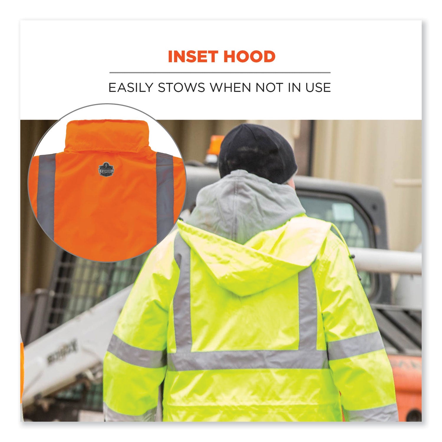 Ergodyne 8365 Type R Class 3 Hi-Vis Rain Jacket, Small, Orange, Polyurethane, Breathable, Waterproof, Reflective, Inset Hood, Drawstring Closure, Snap Closure, Multiple Pockets, 1 Each