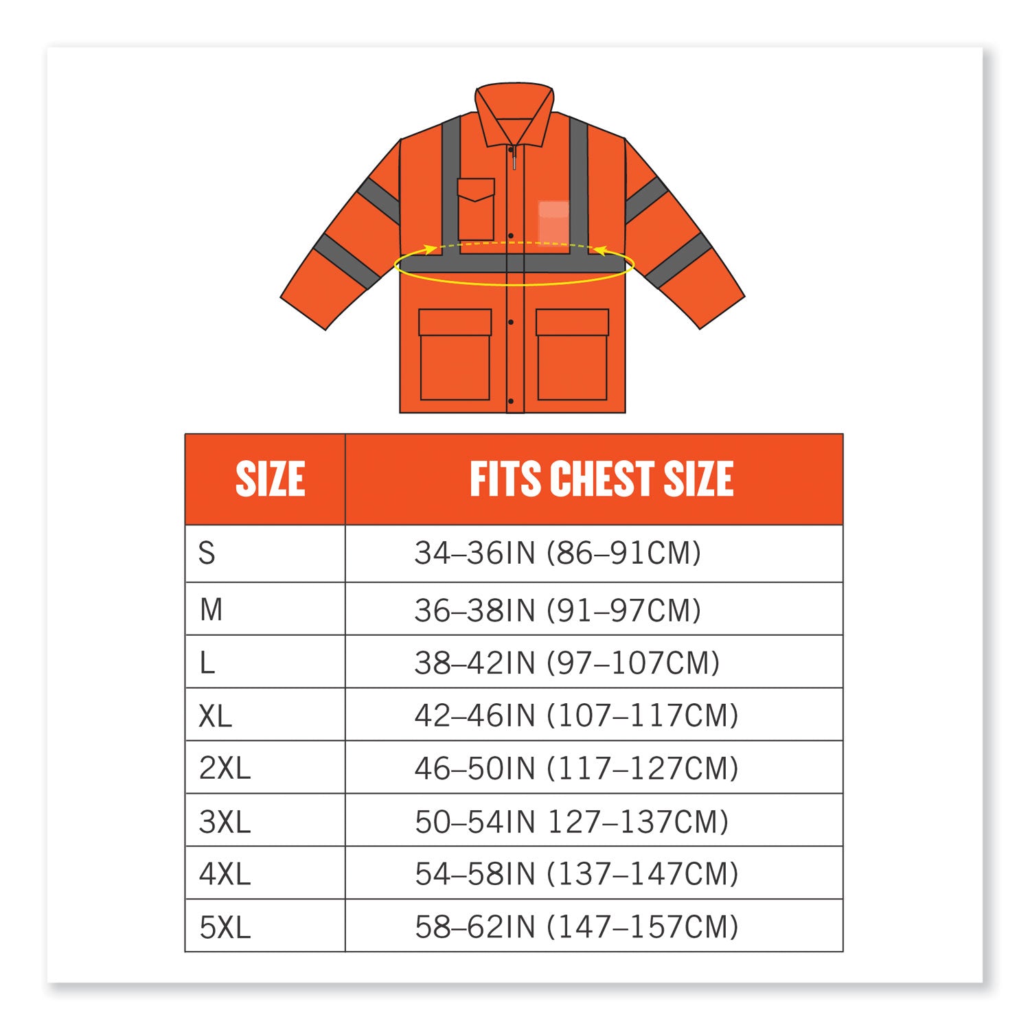 Ergodyne 8365 Type R Class 3 Hi-Vis Rain Jacket, Small, Orange, Polyurethane, Breathable, Waterproof, Reflective, Inset Hood, Drawstring Closure, Snap Closure, Multiple Pockets, 1 Each