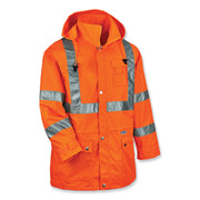 Ergodyne 8365 Type R Class 3 Hi-Vis Rain Jacket, Small, Orange, Polyurethane, Breathable, Waterproof, Reflective, Inset Hood, Drawstring Closure, Snap Closure, Multiple Pockets, 1 Each