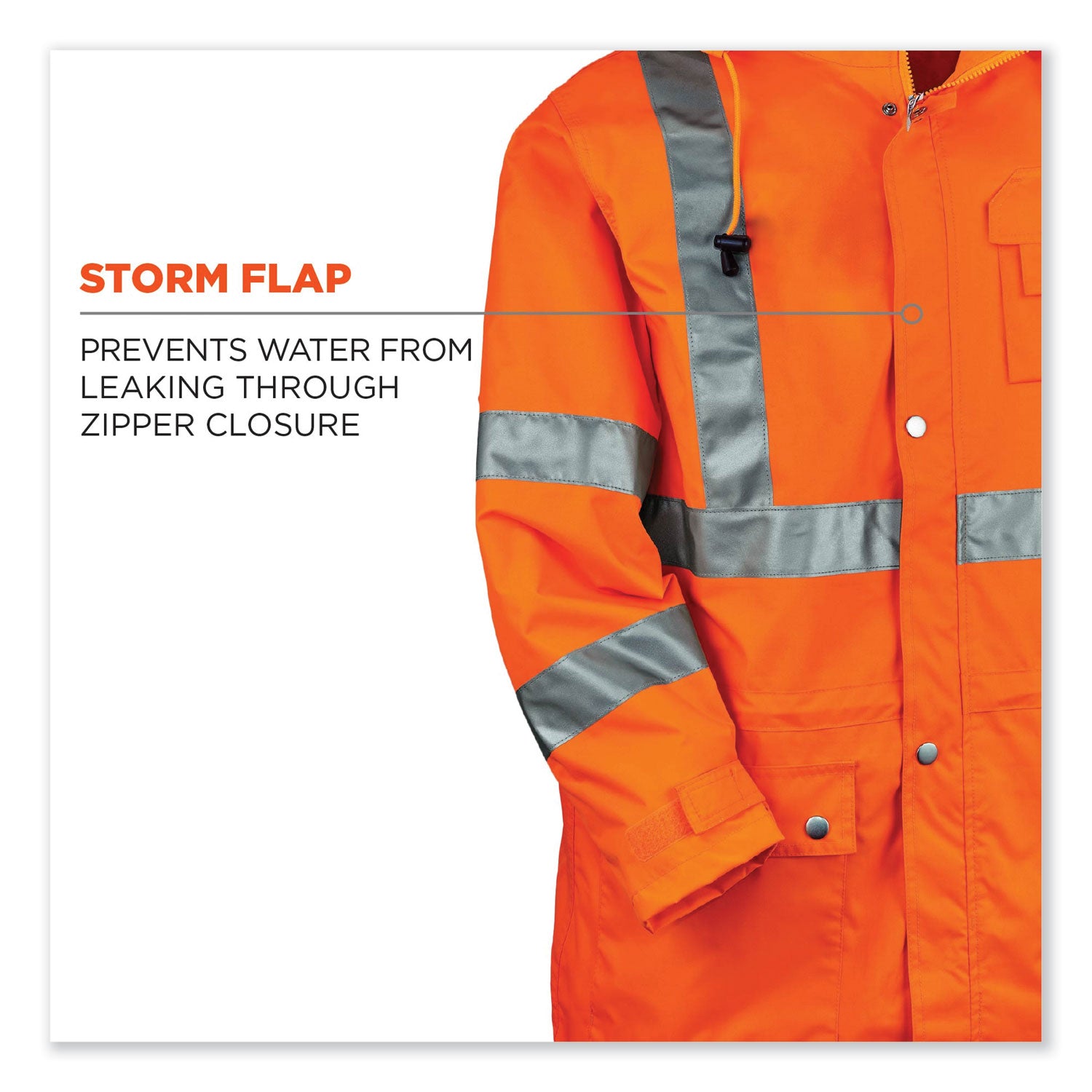 Ergodyne 8365 Type R Class 3 Hi-Vis Rain Jacket, Extra Large, Orange, Polyurethane, Breathable, Waterproof, Reflective, Inset Hood, Snap Closure, Chest and Cell Phone Pockets, 1 Each