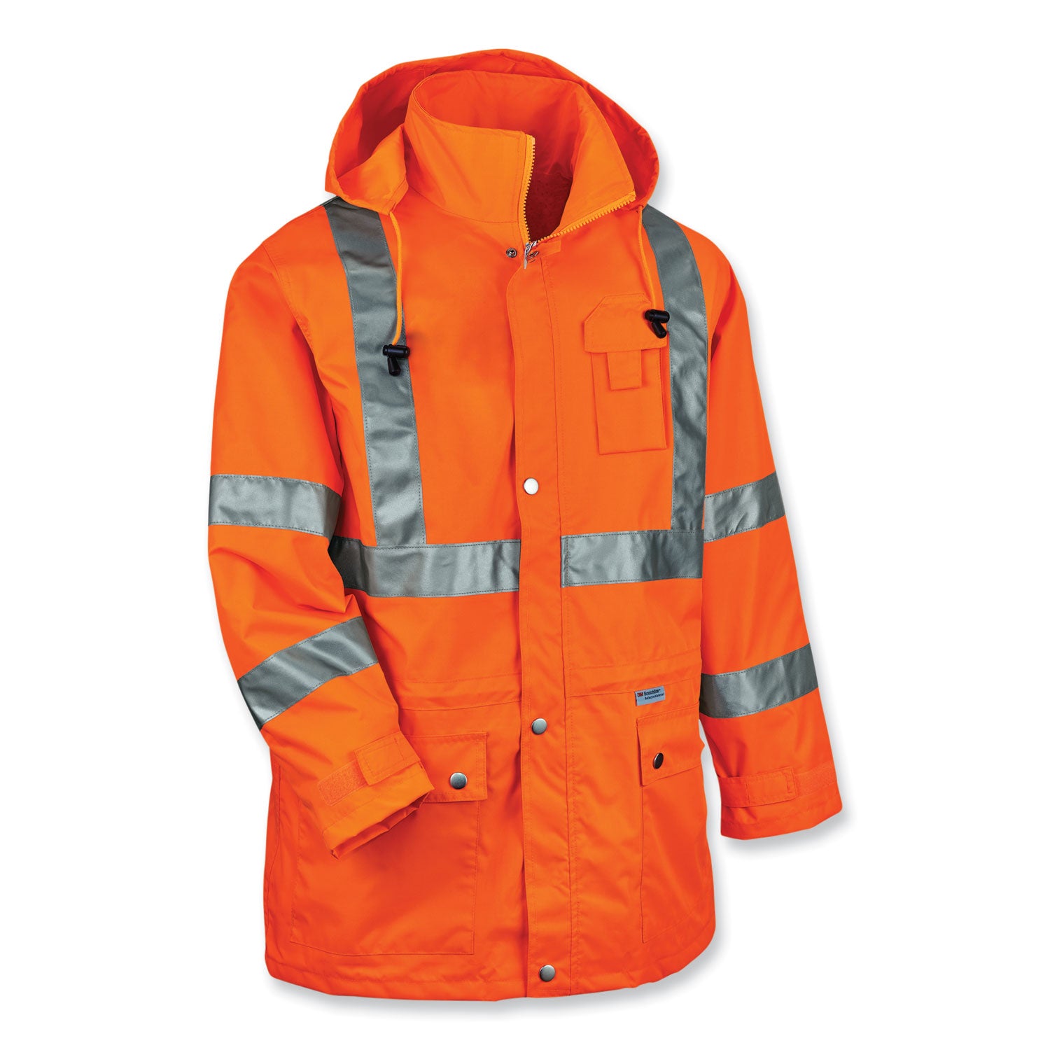 Ergodyne 8365 Type R Class 3 Hi-Vis Rain Jacket, Extra Large, Orange, Polyurethane, Breathable, Waterproof, Reflective, Inset Hood, Snap Closure, Chest and Cell Phone Pockets, 1 Each