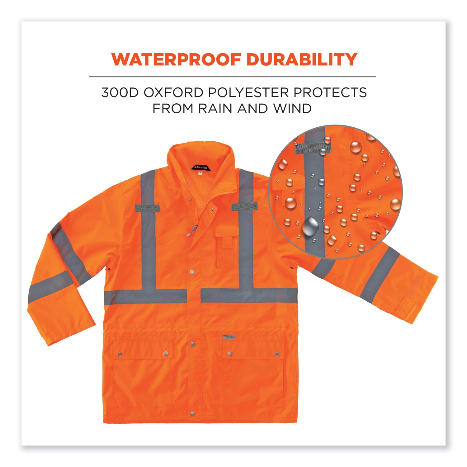 Ergodyne 8365 Type R Class 3 Hi-Vis Rain Jacket, 2X-Large, Orange, Polyurethane, Breathable, Waterproof, Reflective, Inset Hood, Mic Tab, Snap Closure, Cell Phone and Chest Pockets, 1 Each