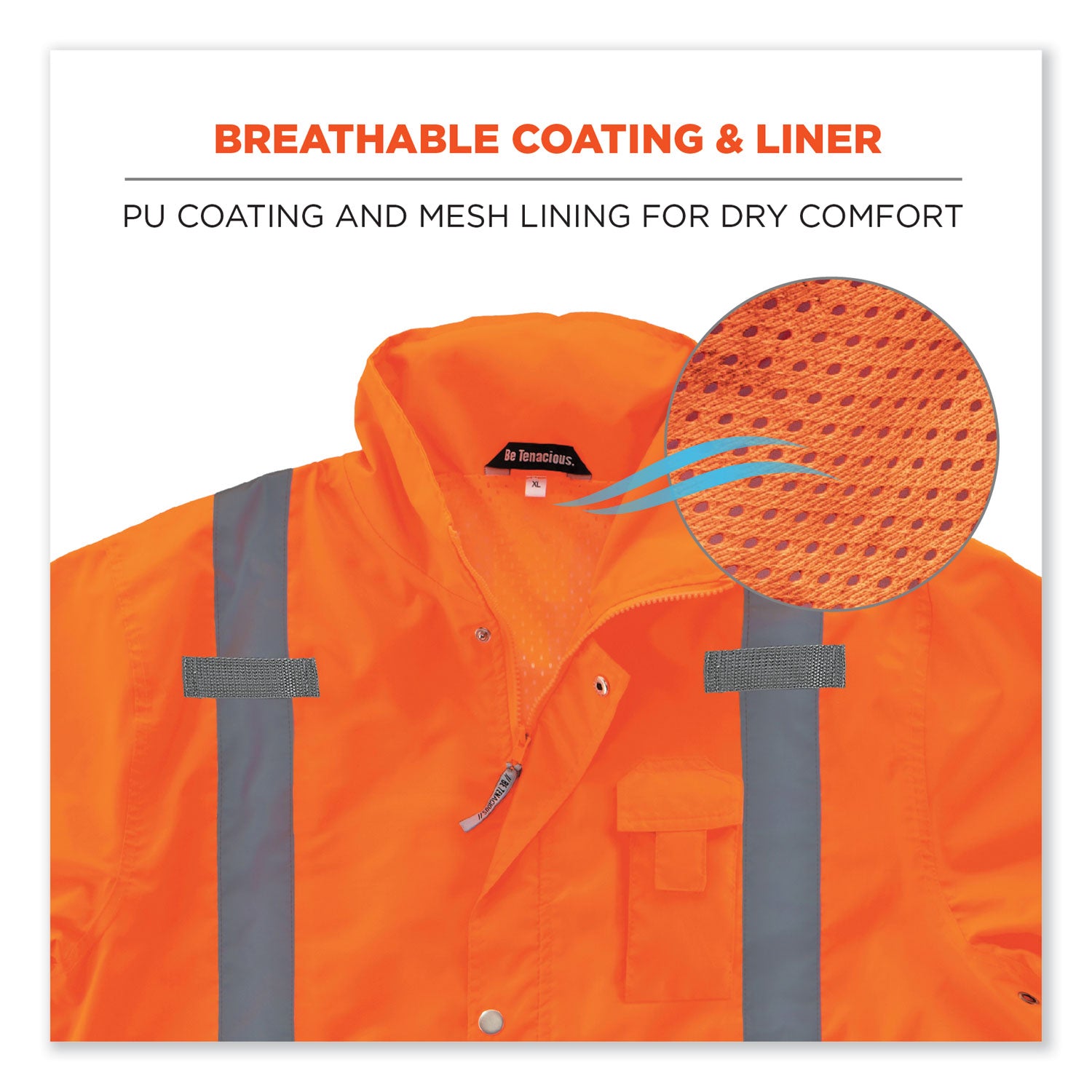 Ergodyne 8365 Type R Class 3 Hi-Vis Rain Jacket, 2X-Large, Orange, Polyurethane, Breathable, Waterproof, Reflective, Inset Hood, Mic Tab, Snap Closure, Cell Phone and Chest Pockets, 1 Each