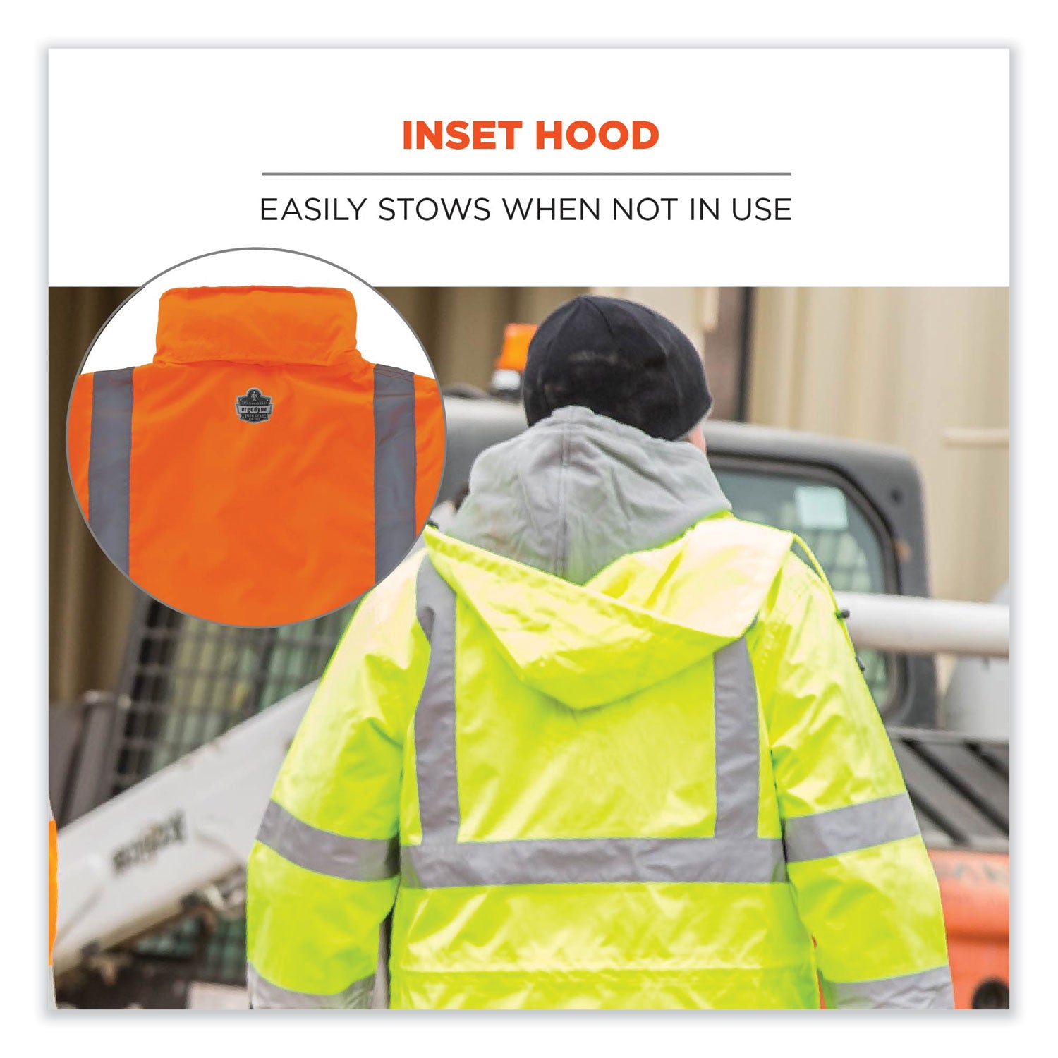 Ergodyne 8365 Type R Class 3 Hi-Vis Rain Jacket, 2X-Large, Orange, Polyurethane, Breathable, Waterproof, Reflective, Inset Hood, Mic Tab, Snap Closure, Cell Phone and Chest Pockets, 1 Each