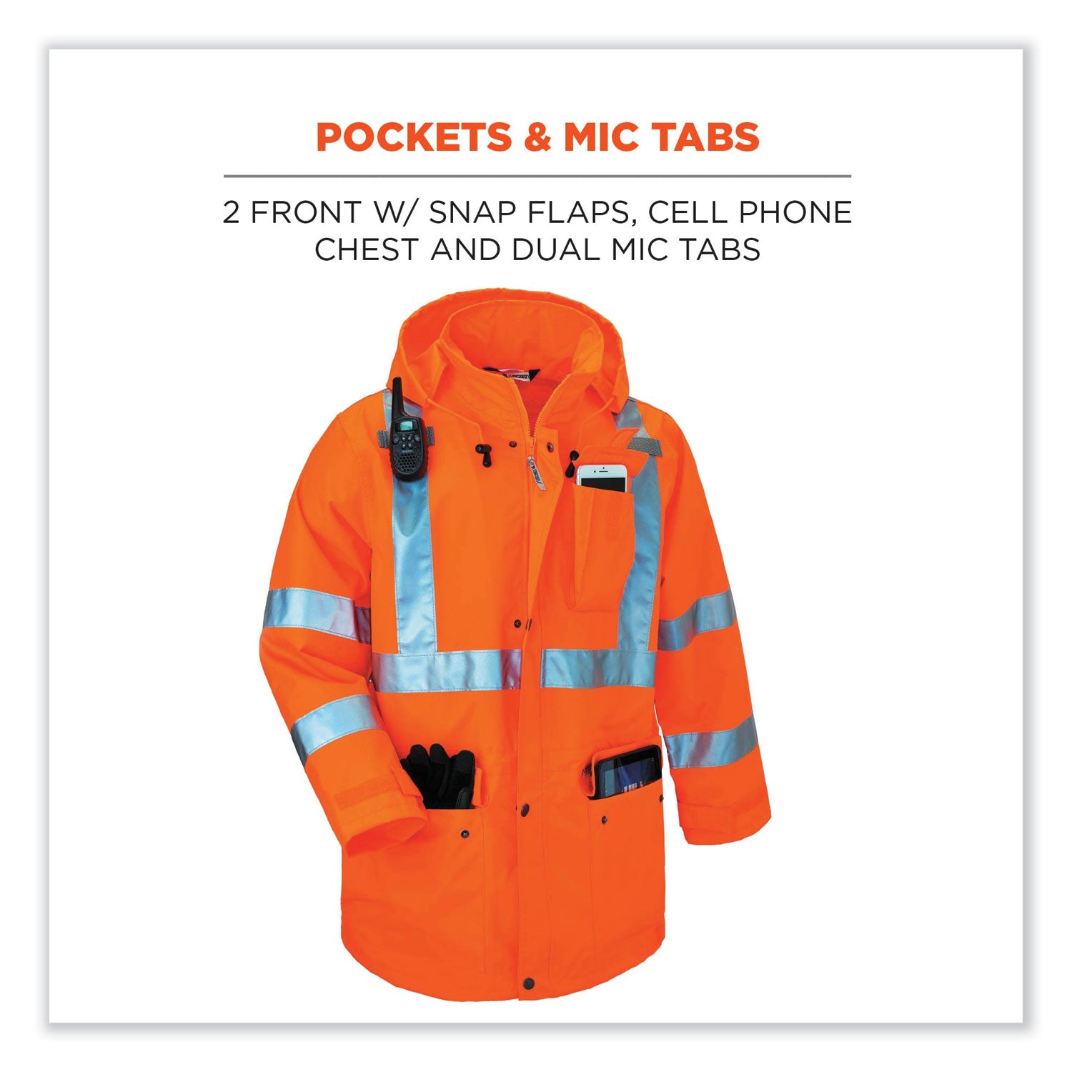 Ergodyne 8365 Type R Class 3 Hi-Vis Rain Jacket, 2X-Large, Orange, Polyurethane, Breathable, Waterproof, Reflective, Inset Hood, Mic Tab, Snap Closure, Cell Phone and Chest Pockets, 1 Each