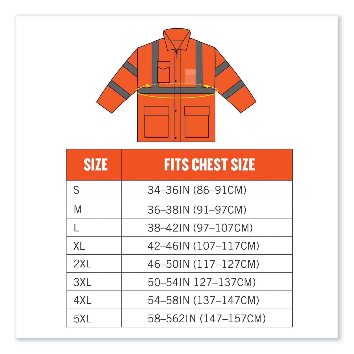 Ergodyne 8365 Type R Class 3 Hi-Vis Rain Jacket, 2X-Large, Orange, Polyurethane, Breathable, Waterproof, Reflective, Inset Hood, Mic Tab, Snap Closure, Cell Phone and Chest Pockets, 1 Each