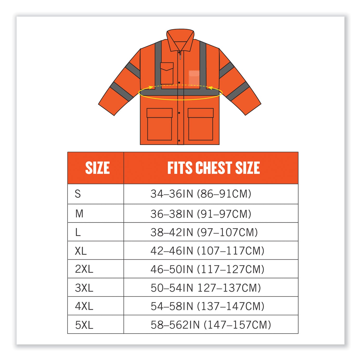 Ergodyne 8365 Type R Class 3 Hi-Vis Rain Jacket, 4X-Large, Orange, Polyurethane, Breathable, Waterproof, Reflective, Inset Hood, Mic Tab, Storm Flap, Snap Closure, Multiple Pockets, 1 Each