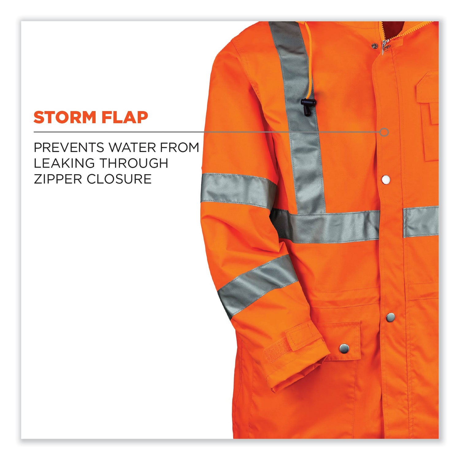 Ergodyne 8365 Type R Class 3 Rain Jacket, 5X-Large, Orange, Polyurethane, Breathable, Waterproof, Reflective, Inset Hood, Drawstring Closure, Snap Closure, Chest and Cell Phone Pockets, 1 Each