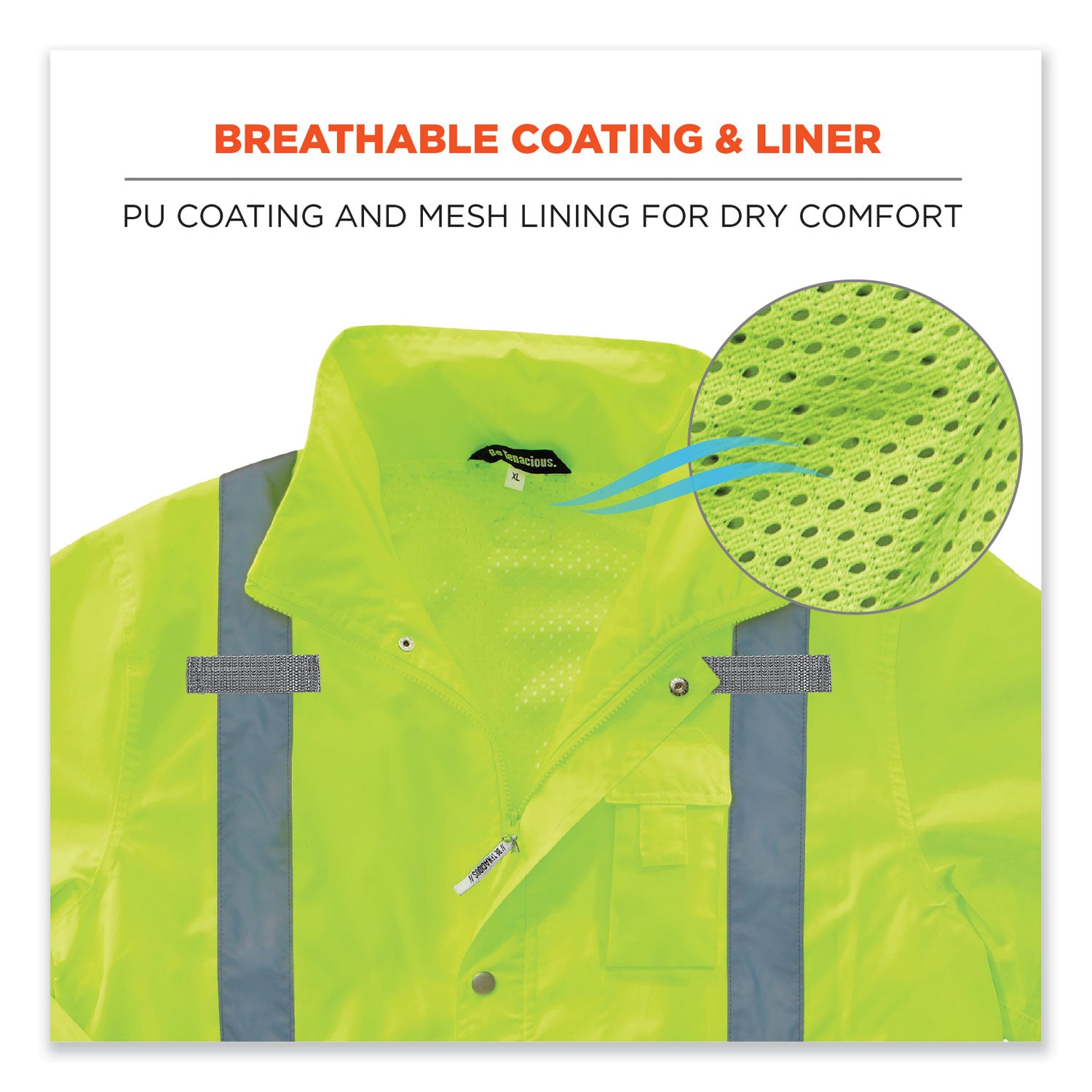 Ergodyne 8365 Type R Class 3 Hi-Vis Rain Jacket, Small, Lime, Polyurethane, Breathable, Waterproof, Reflective, Inset Hood, Drawstring Closure, Snap Closure, Multiple Pockets, 1 Each