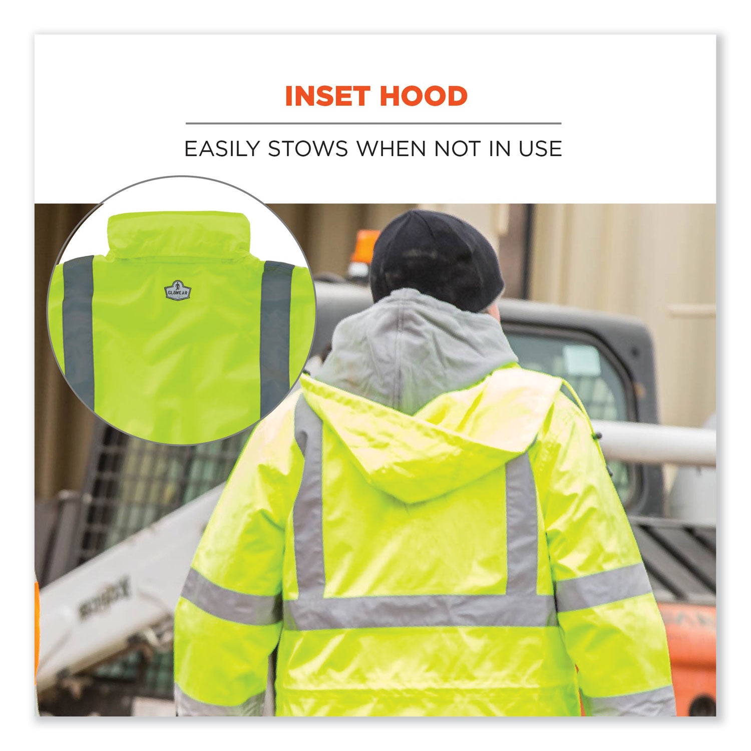 Ergodyne 8365 Type R Class 3 Hi-Vis Rain Jacket, Small, Lime, Polyurethane, Breathable, Waterproof, Reflective, Inset Hood, Drawstring Closure, Snap Closure, Multiple Pockets, 1 Each