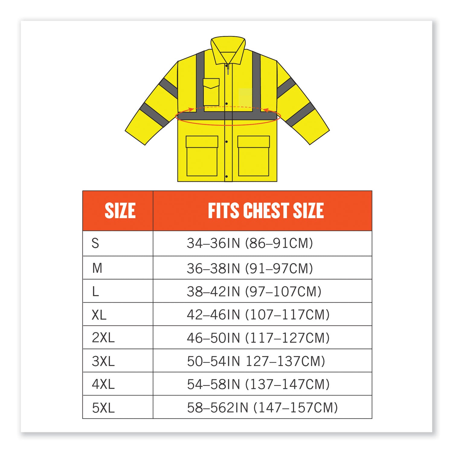 Ergodyne 8365 Type R Class 3 Hi-Vis Rain Jacket, Small, Lime, Polyurethane, Breathable, Waterproof, Reflective, Inset Hood, Drawstring Closure, Snap Closure, Multiple Pockets, 1 Each