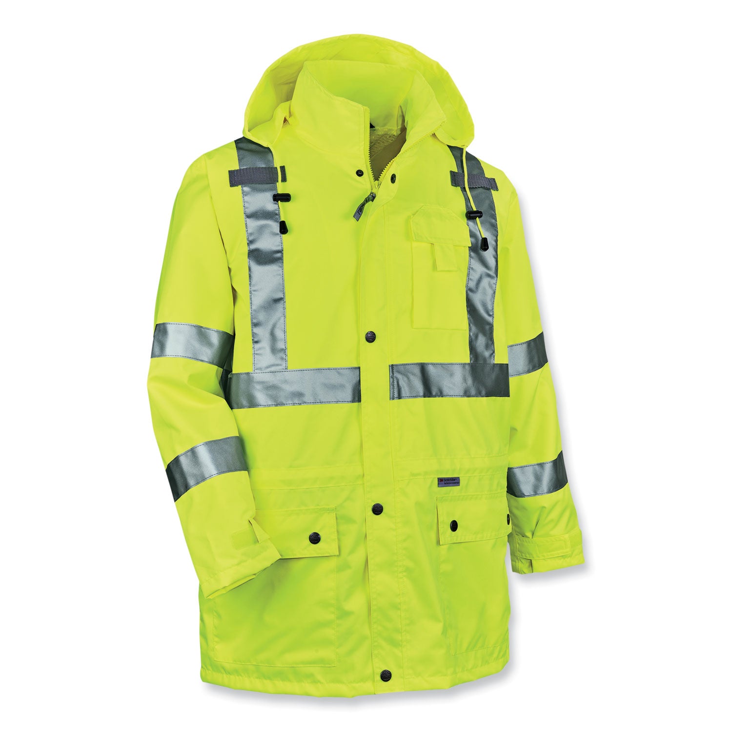 Ergodyne 8365 Type R Class 3 Hi-Vis Rain Jacket, Small, Lime, Polyurethane, Breathable, Waterproof, Reflective, Inset Hood, Drawstring Closure, Snap Closure, Multiple Pockets, 1 Each