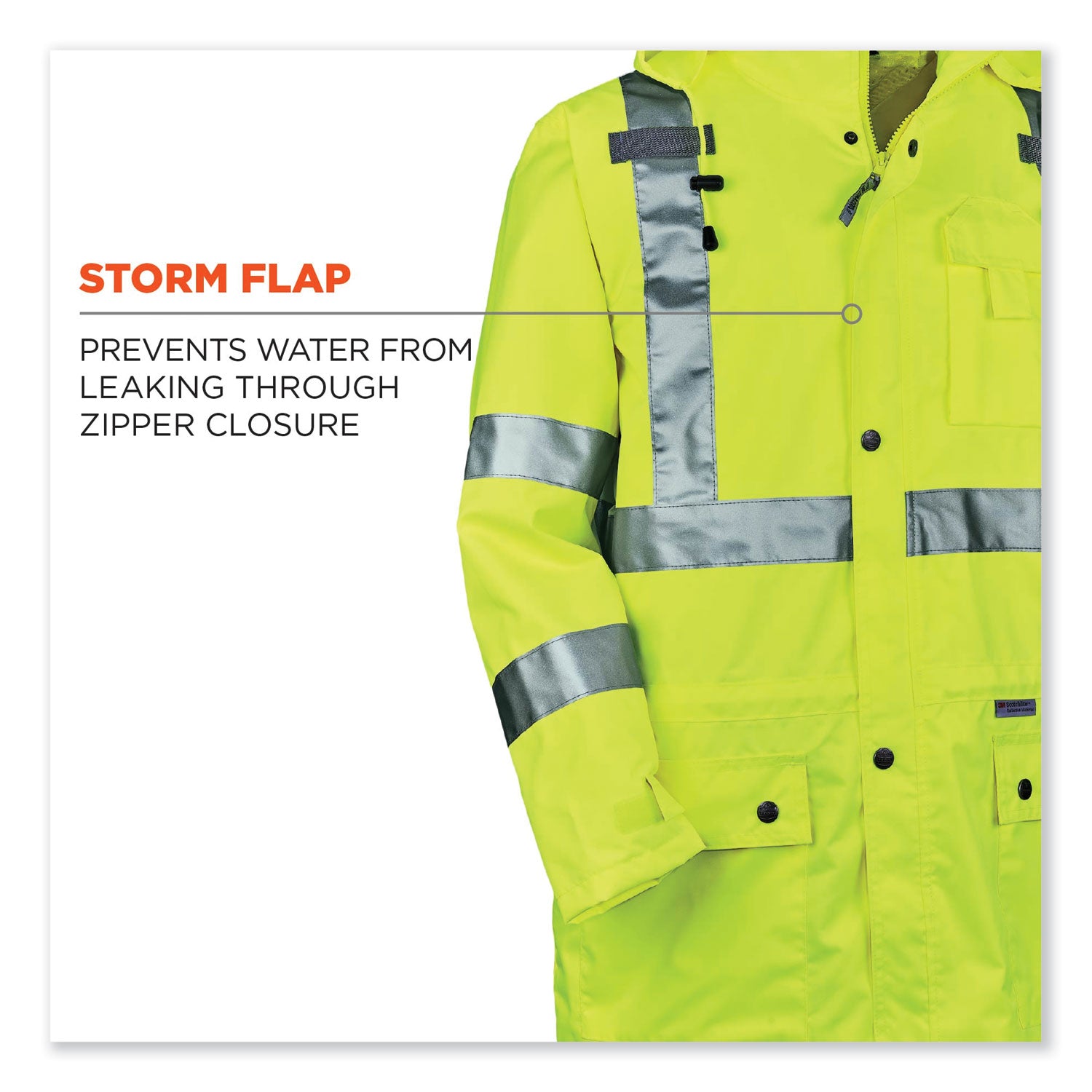 Ergodyne 8365 Type R Class 3 Rain Jacket, Medium, Lime, Polyurethane, Breathable, Waterproof, Reflective, Inset Hood, Drawstring Closure, Snap Closure, Chest and Cell Phone Pockets, 1 Each