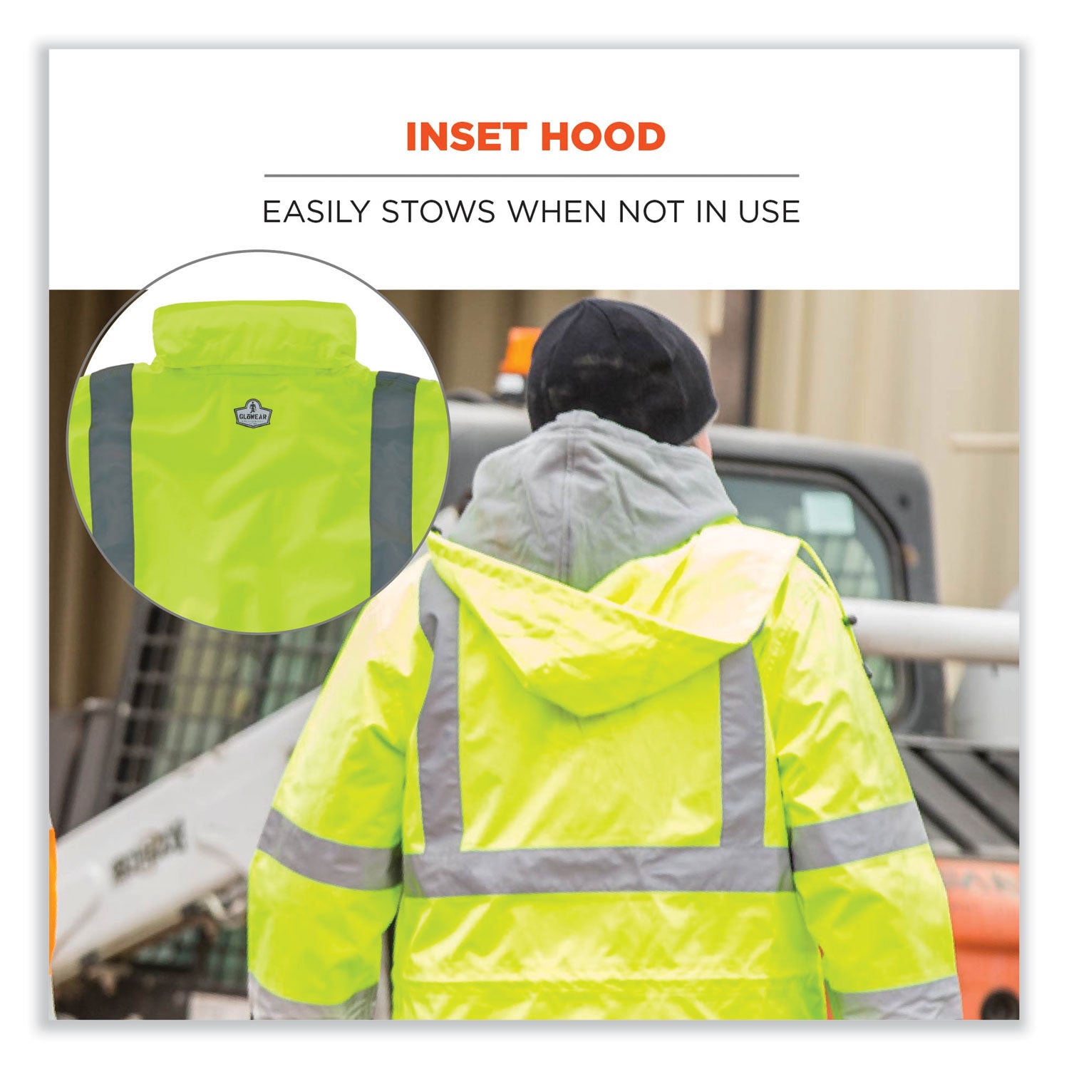Ergodyne 8365 Type R Class 3 Rain Jacket, Medium, Lime, Polyurethane, Breathable, Waterproof, Reflective, Inset Hood, Drawstring Closure, Snap Closure, Chest and Cell Phone Pockets, 1 Each