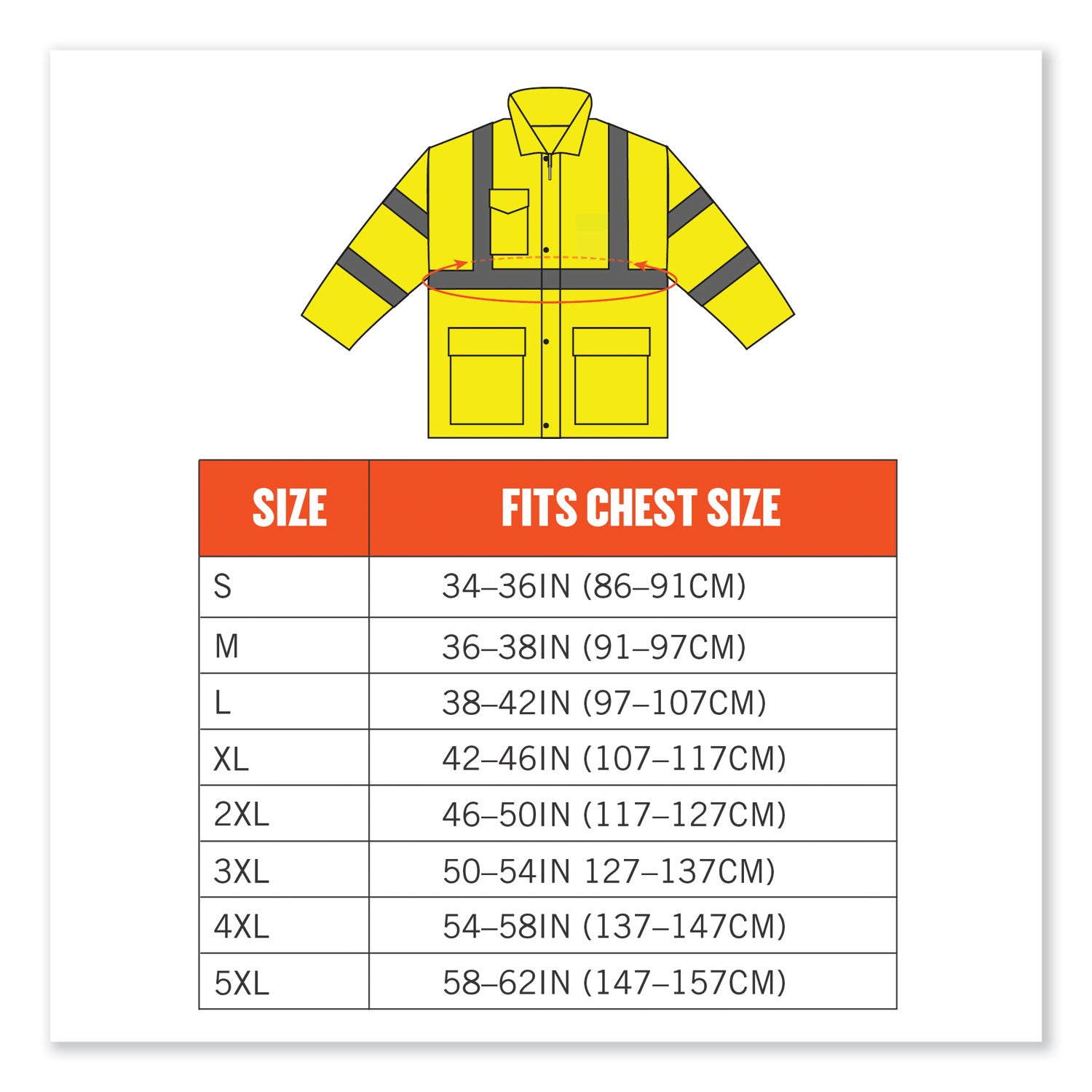 Ergodyne 8365 Type R Class 3 Rain Jacket, Medium, Lime, Polyurethane, Breathable, Waterproof, Reflective, Inset Hood, Drawstring Closure, Snap Closure, Chest and Cell Phone Pockets, 1 Each