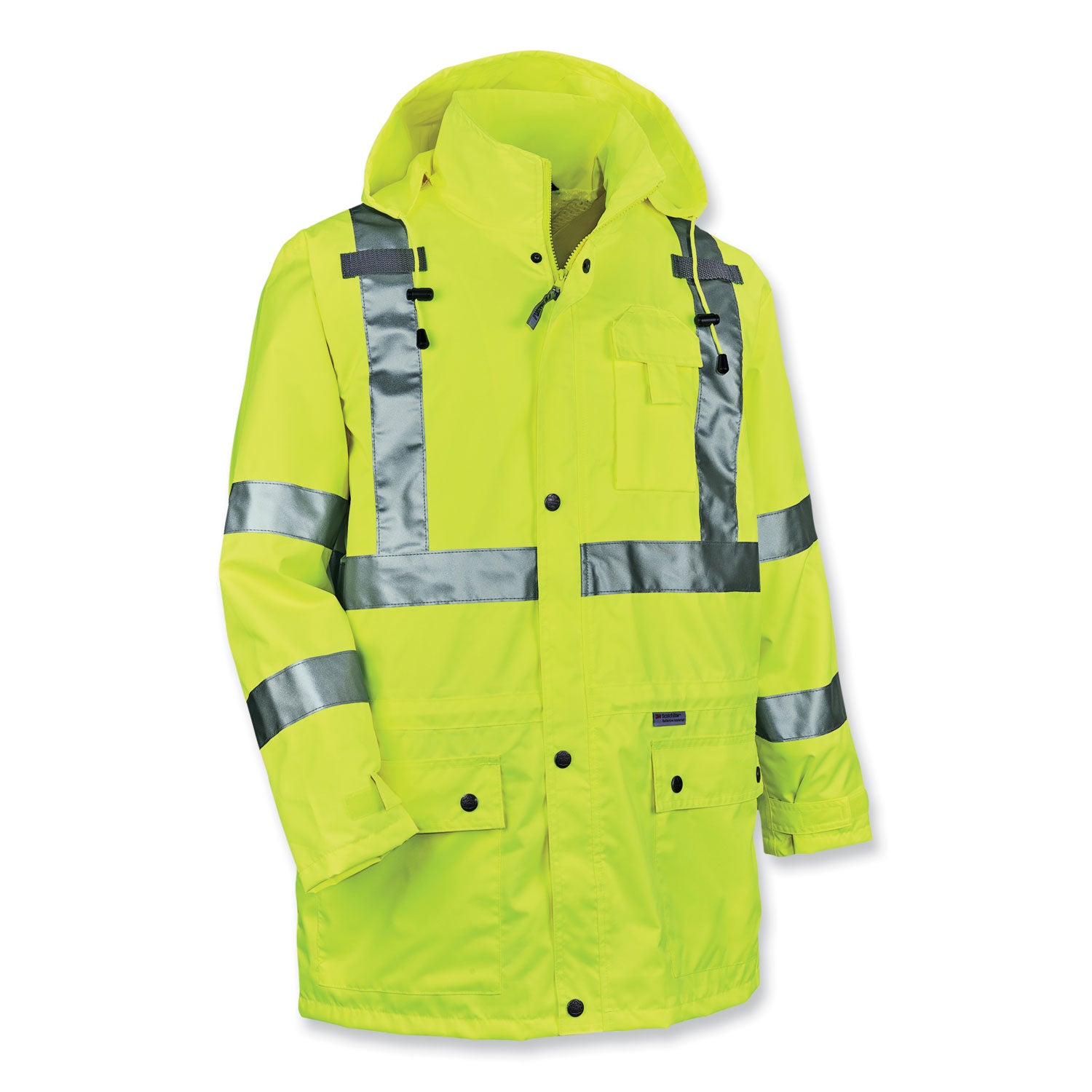 Ergodyne 8365 Type R Class 3 Rain Jacket, Medium, Lime, Polyurethane, Breathable, Waterproof, Reflective, Inset Hood, Drawstring Closure, Snap Closure, Chest and Cell Phone Pockets, 1 Each