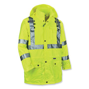 Ergodyne 8365 Type R Class 3 Rain Jacket, Medium, Lime, Polyurethane, Breathable, Waterproof, Reflective, Inset Hood, Drawstring Closure, Snap Closure, Chest and Cell Phone Pockets, 1 Each