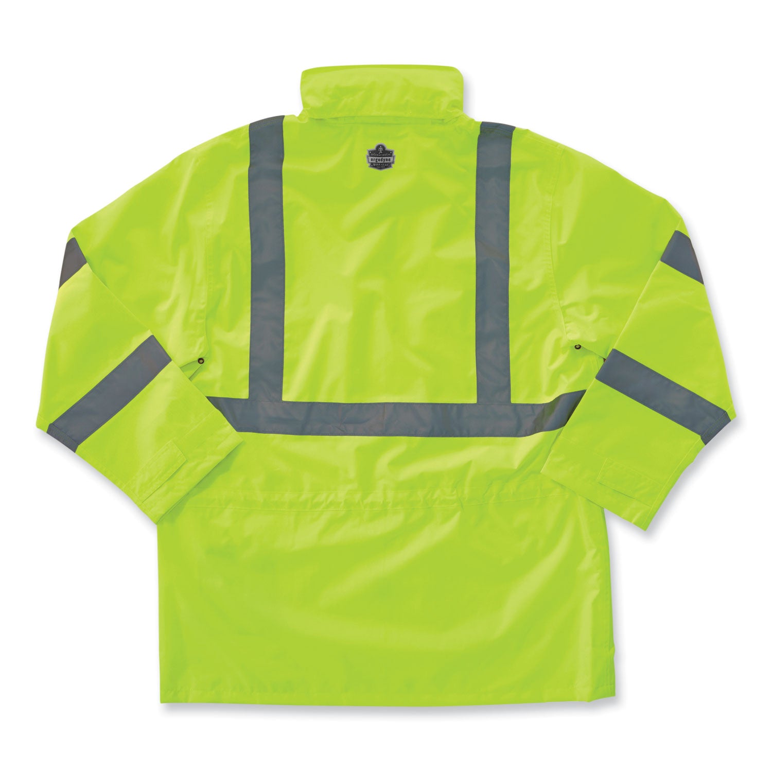 Ergodyne 8365 Type R Class 3 Hi-Vis Rain Jacket, Large, Lime, Polyurethane, Breathable, Waterproof, Reflective, Inset Hood, Drawstring Closure, Snap Closure, Multiple Pockets, 1 Each