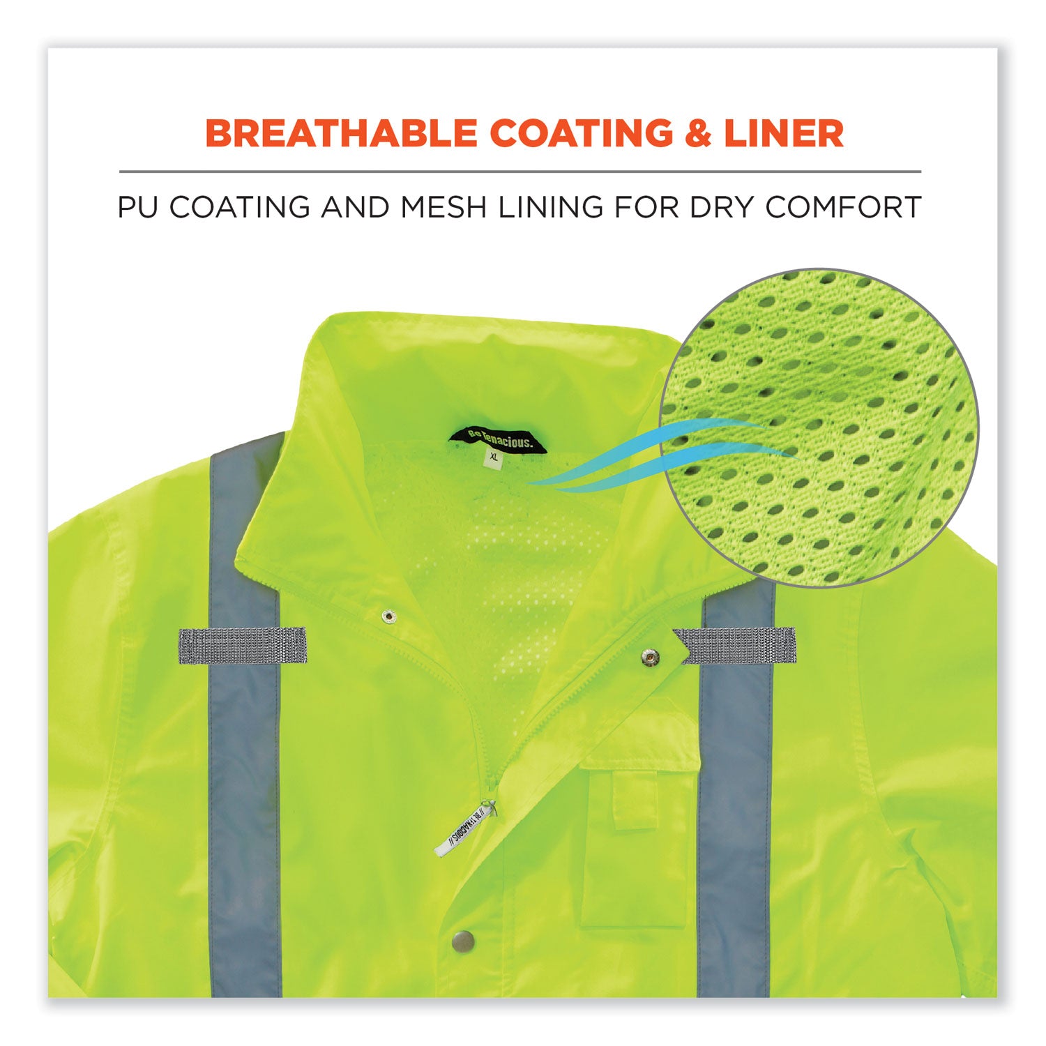 Ergodyne 8365 Type R Class 3 Hi-Vis Rain Jacket, Large, Lime, Polyurethane, Breathable, Waterproof, Reflective, Inset Hood, Drawstring Closure, Snap Closure, Multiple Pockets, 1 Each