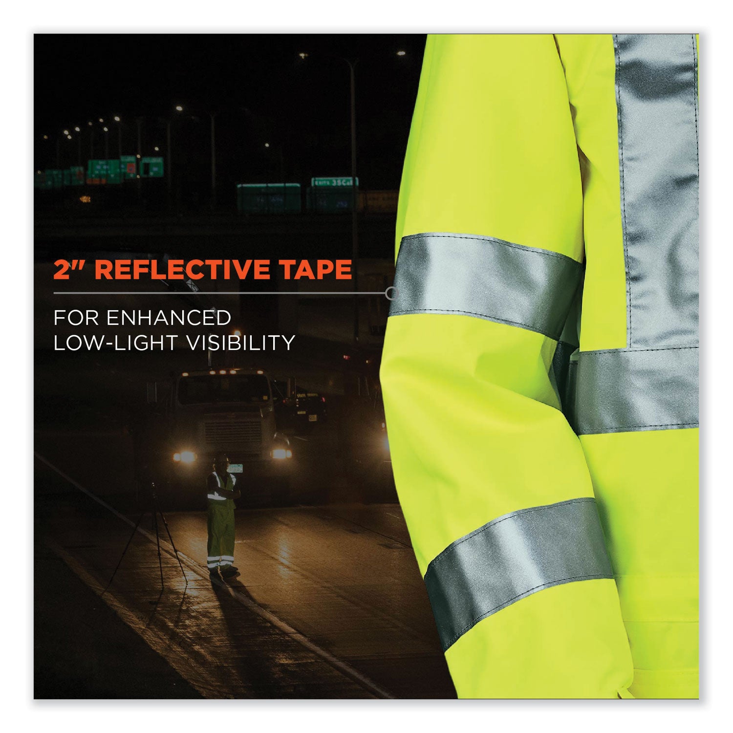 Ergodyne 8365 Type R Class 3 Hi-Vis Rain Jacket, Large, Lime, Polyurethane, Breathable, Waterproof, Reflective, Inset Hood, Drawstring Closure, Snap Closure, Multiple Pockets, 1 Each