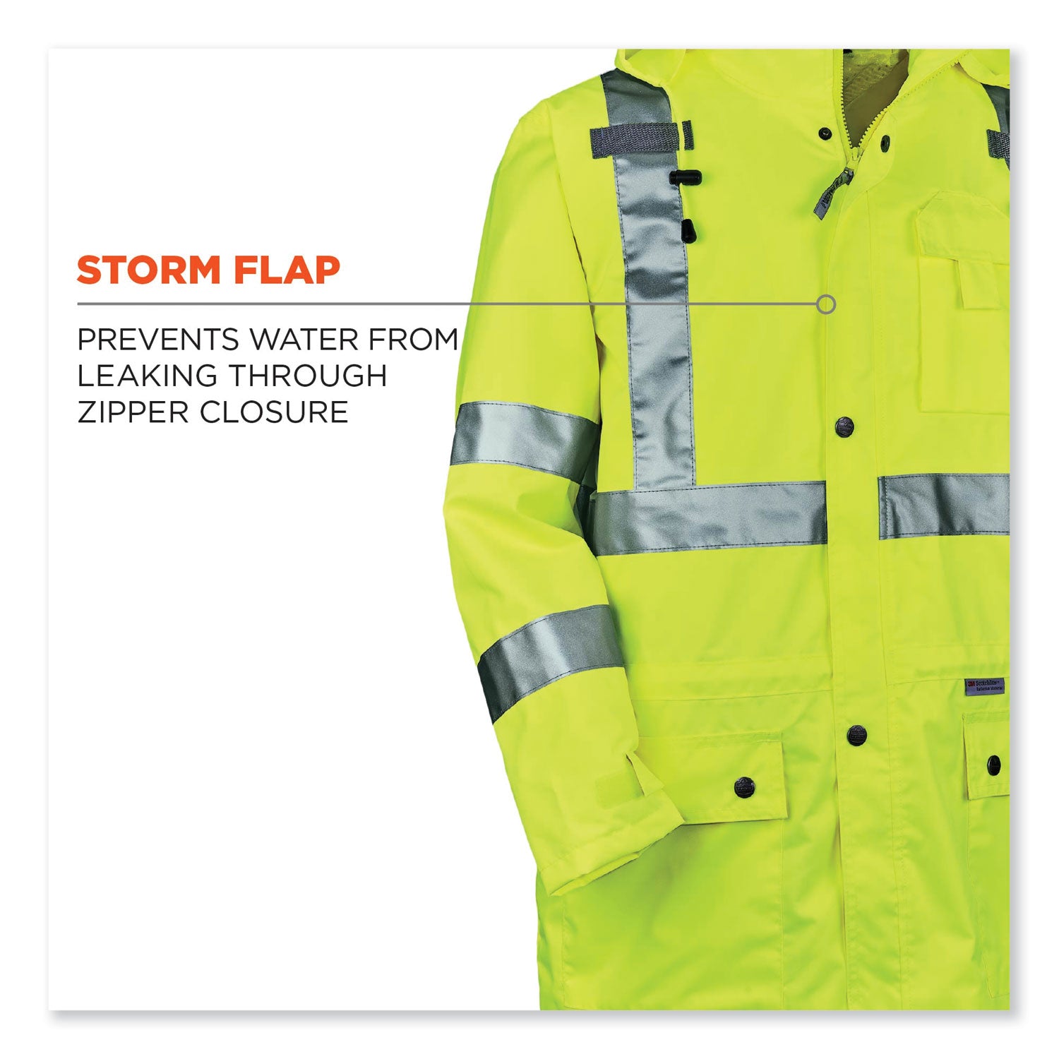 Ergodyne 8365 Type R Class 3 Hi-Vis Rain Jacket, 2X-Large, Lime, Polyurethane, Breathable, Reflective, Inset Hood, Snap Closure, Storm Flap, Cell Phone Pocket, Chest Pocket, 1 Each