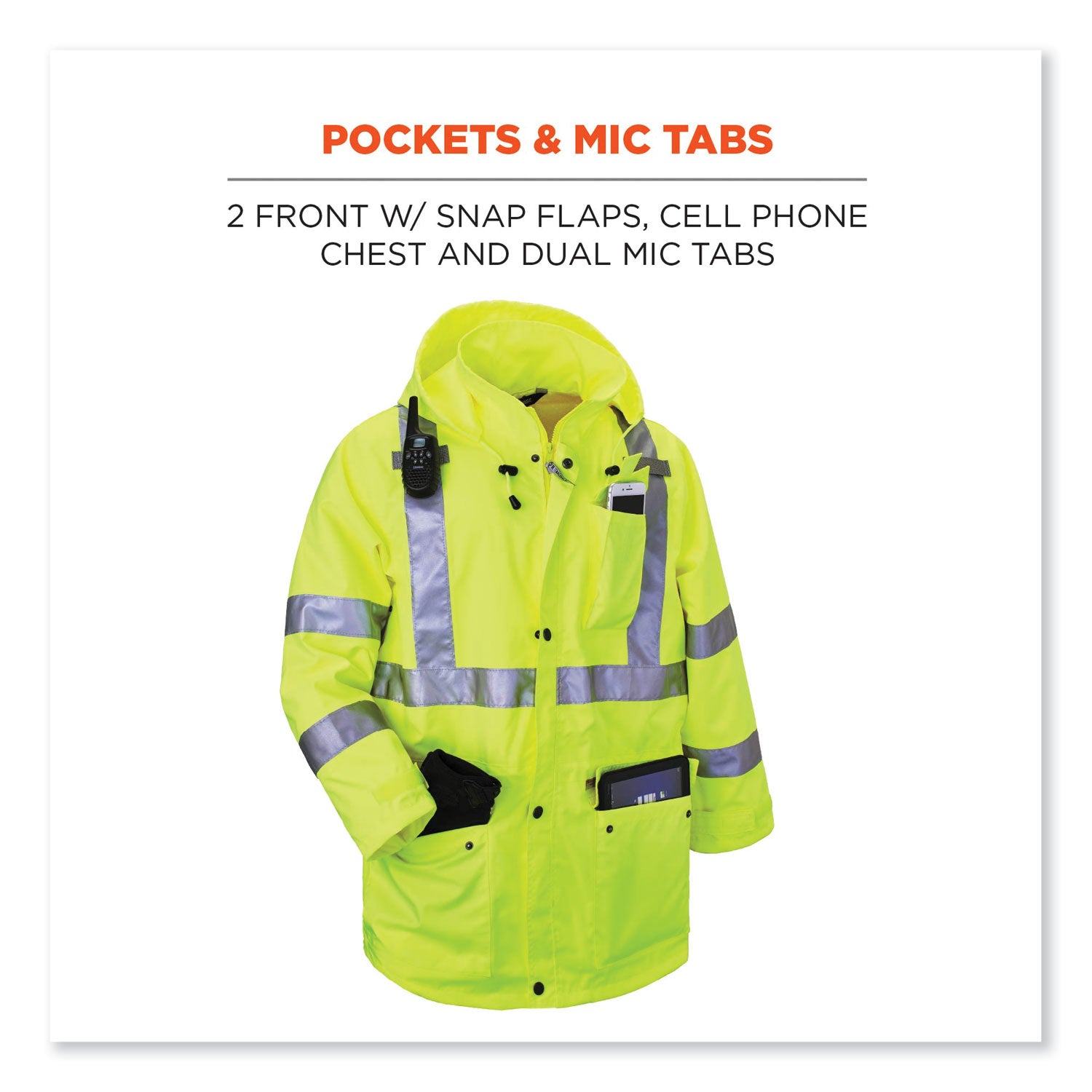 Ergodyne 8365 Type R Class 3 Hi-Vis Rain Jacket, 2X-Large, Lime, Polyurethane, Breathable, Reflective, Inset Hood, Snap Closure, Storm Flap, Cell Phone Pocket, Chest Pocket, 1 Each