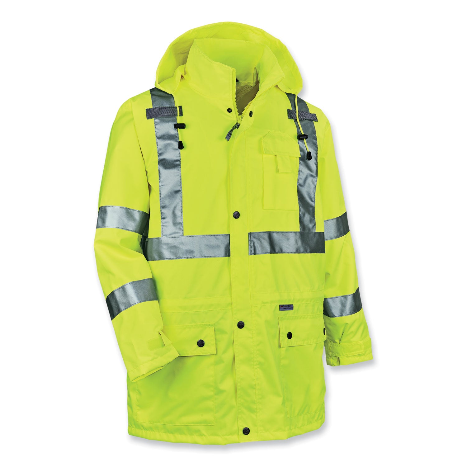 Ergodyne 8365 Type R Class 3 Hi-Vis Rain Jacket, 2X-Large, Lime, Polyurethane, Breathable, Reflective, Inset Hood, Snap Closure, Storm Flap, Cell Phone Pocket, Chest Pocket, 1 Each