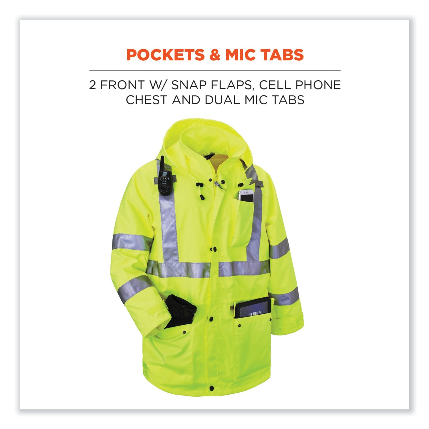 Ergodyne 8365 Type R Class 3 Rain Jacket, 3X-Large, Lime, Polyurethane, Breathable, Waterproof, Reflective, Inset Hood, Drawstring Closure, Snap Closure, Chest and Cell Phone Pockets, 1 Each