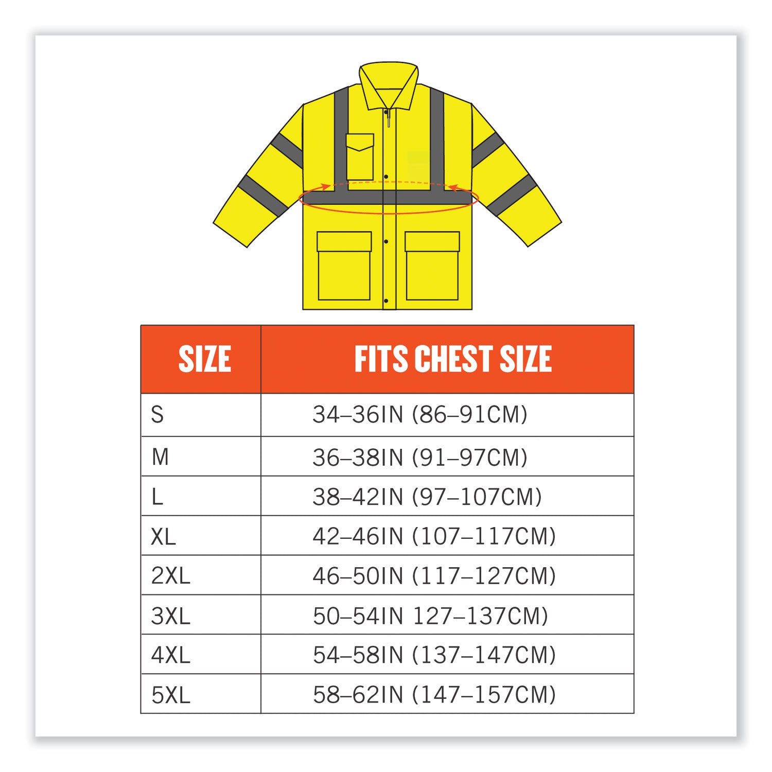 Ergodyne 8365 Type R Class 3 Rain Jacket, 3X-Large, Lime, Polyurethane, Breathable, Waterproof, Reflective, Inset Hood, Drawstring Closure, Snap Closure, Chest and Cell Phone Pockets, 1 Each