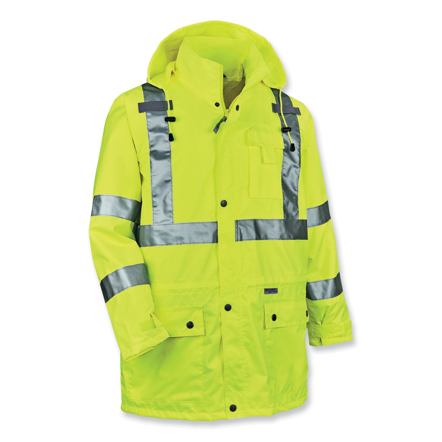 Ergodyne 8365 Type R Class 3 Rain Jacket, 4-Xtra Large, Lime, Polyurethane, Breathable, Waterproof, Reflective, Inset Hood, Drawstring Closure, Snap Closure, Chest and Cell Phone Pockets, 1 Each