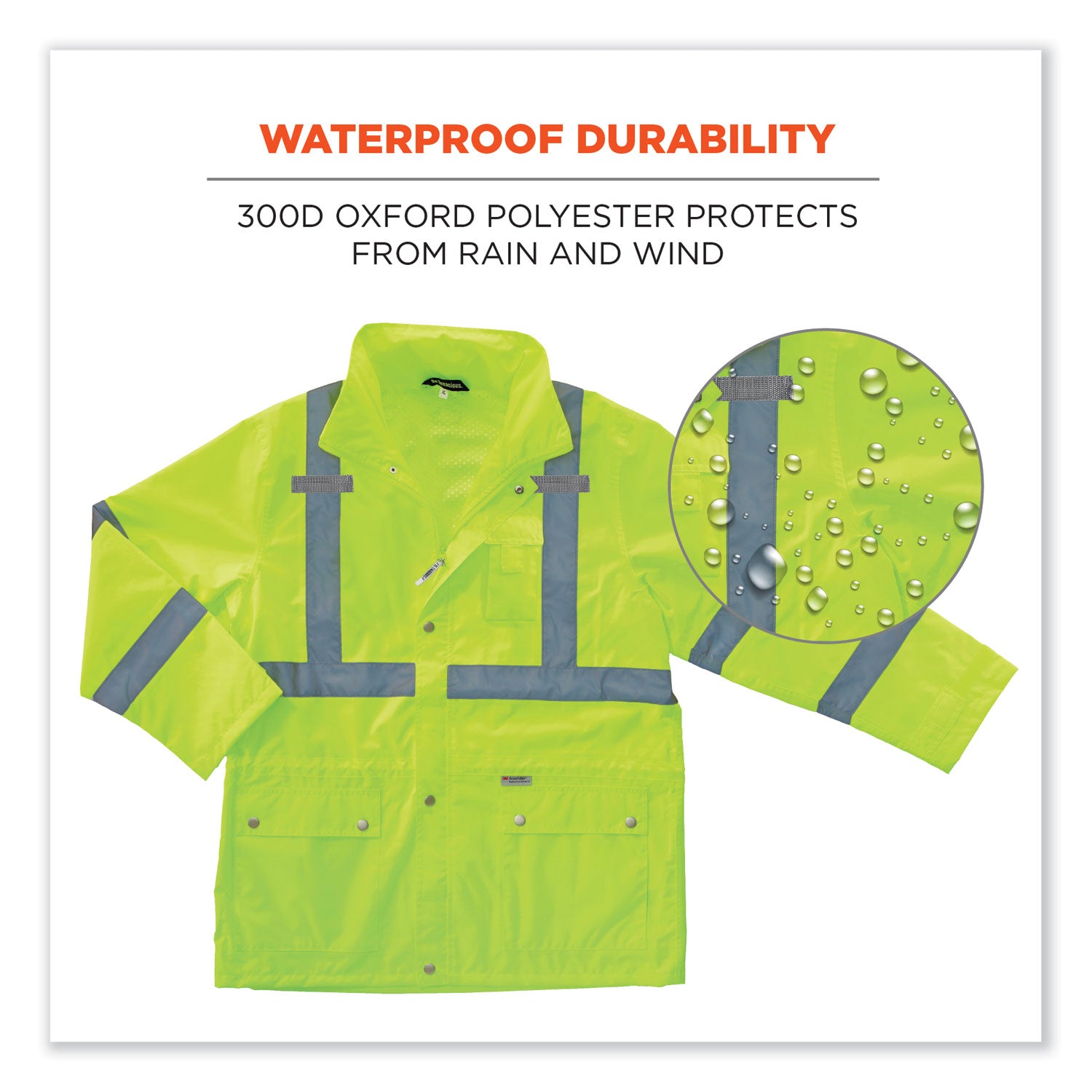 Ergodyne 8365 Type R Class 3 Hi-Vis Lime Rain Jacket, 5X-Large, Polyurethane, Breathable, Waterproof, Reflective, Inset Hood, Drawstring Closure, Multiple Pockets, 1 Each