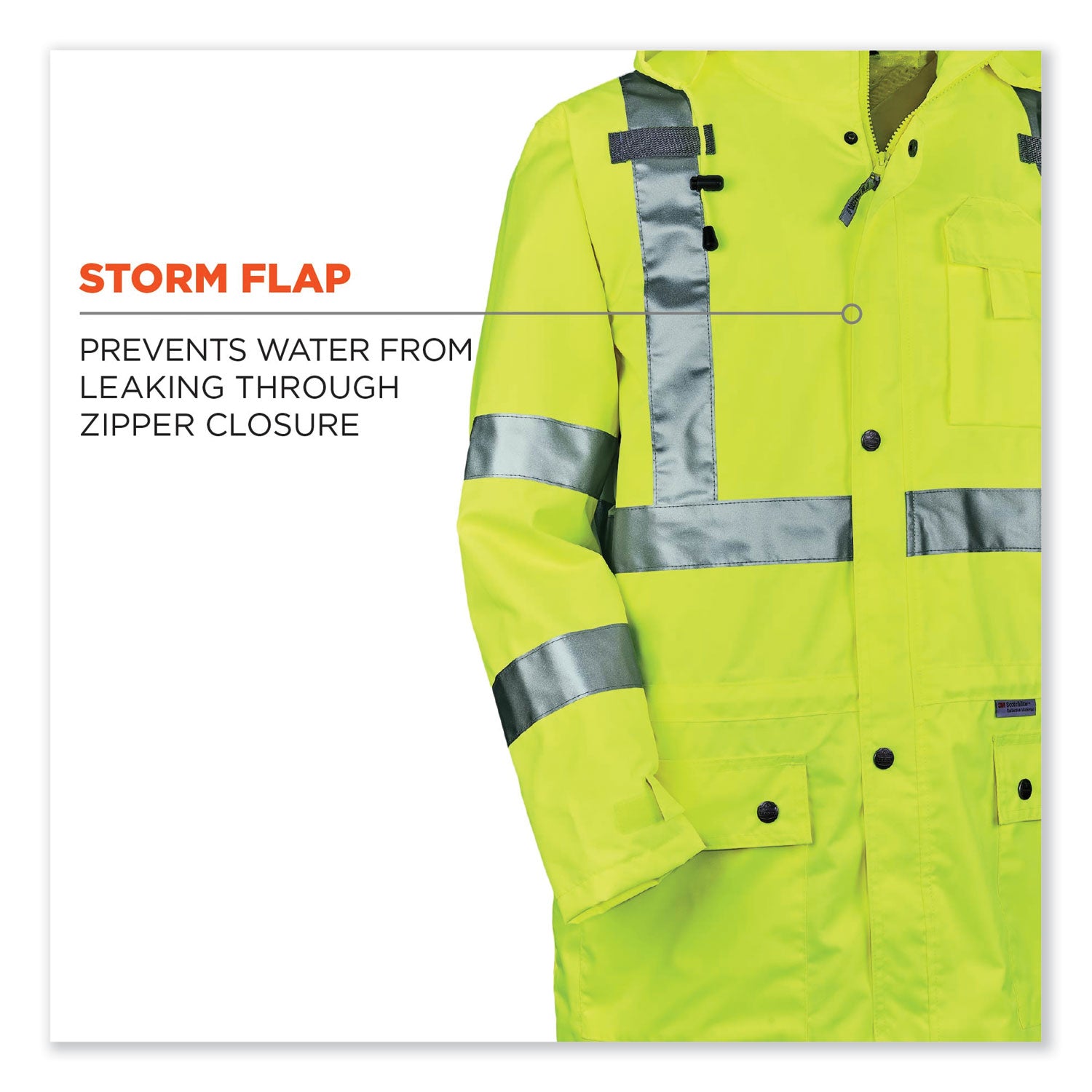 Ergodyne 8365 Type R Class 3 Hi-Vis Lime Rain Jacket, 5X-Large, Polyurethane, Breathable, Waterproof, Reflective, Inset Hood, Drawstring Closure, Multiple Pockets, 1 Each