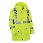 Ergodyne 8365 Type R Class 3 Hi-Vis Lime Rain Jacket, 5X-Large, Polyurethane, Breathable, Waterproof, Reflective, Inset Hood, Drawstring Closure, Multiple Pockets, 1 Each