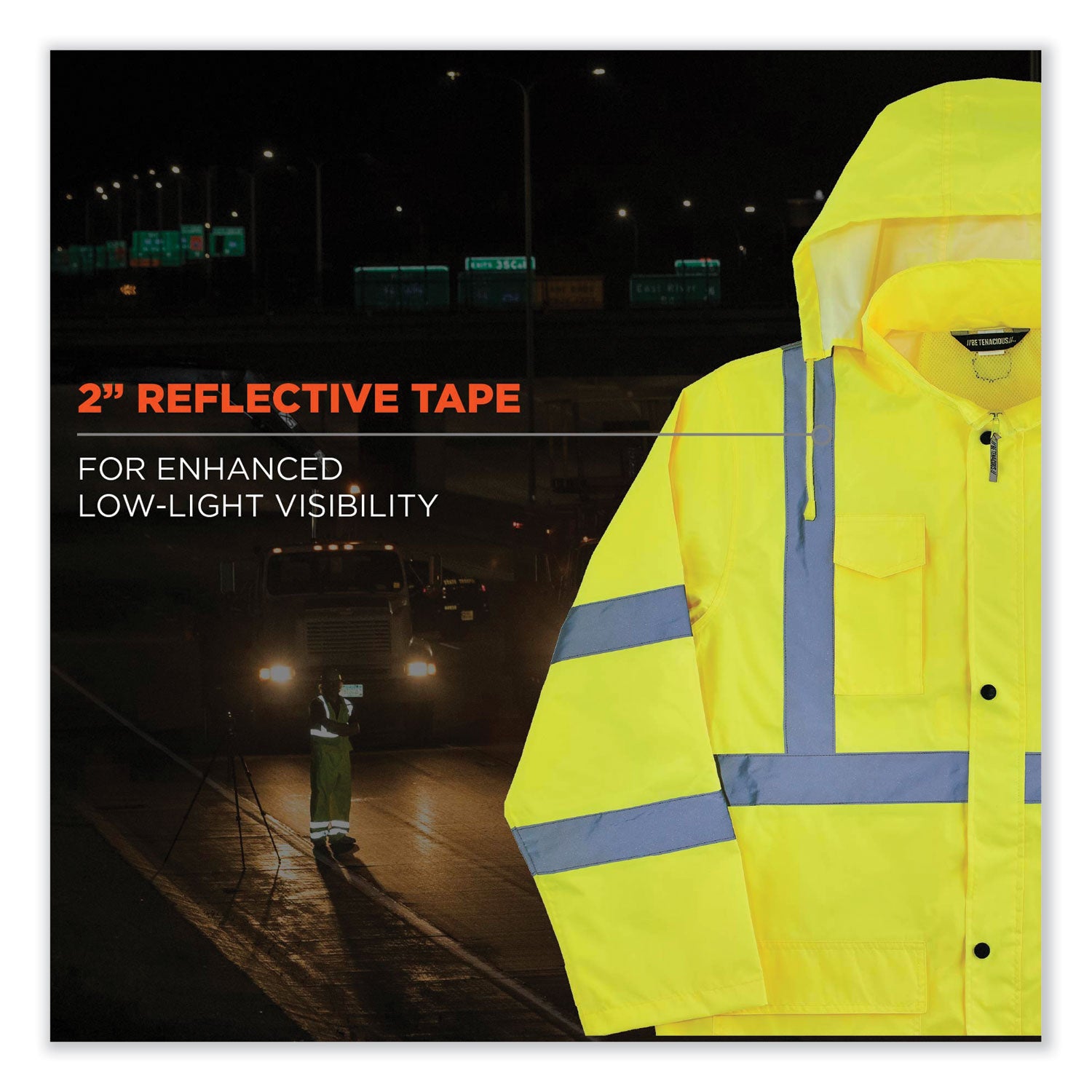 Ergodyne 8366 Lightweight Hi-Vis Rain Jacket, Type R Class 3, Large, Lime, Polyurethane/150D Oxford Polyester, Waterproof, Reflective, Adjustable Hook & Loop Wrist, Drawstring Closure, 1 Each