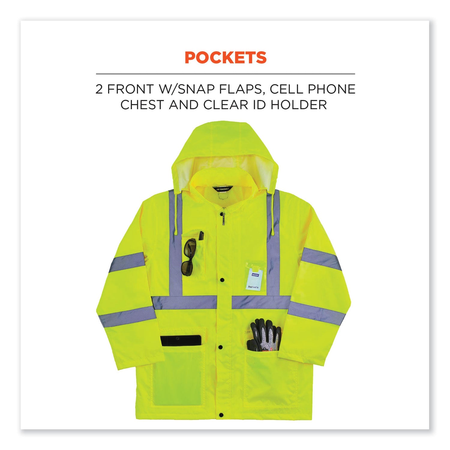 Ergodyne 8366 Lightweight Hi-Vis Rain Jacket, Type R Class 3, Extra Large, Lime, Polyurethane/150D Oxford Polyester, Hook & Loop Wrist, Drawstring Closure, 1 Each