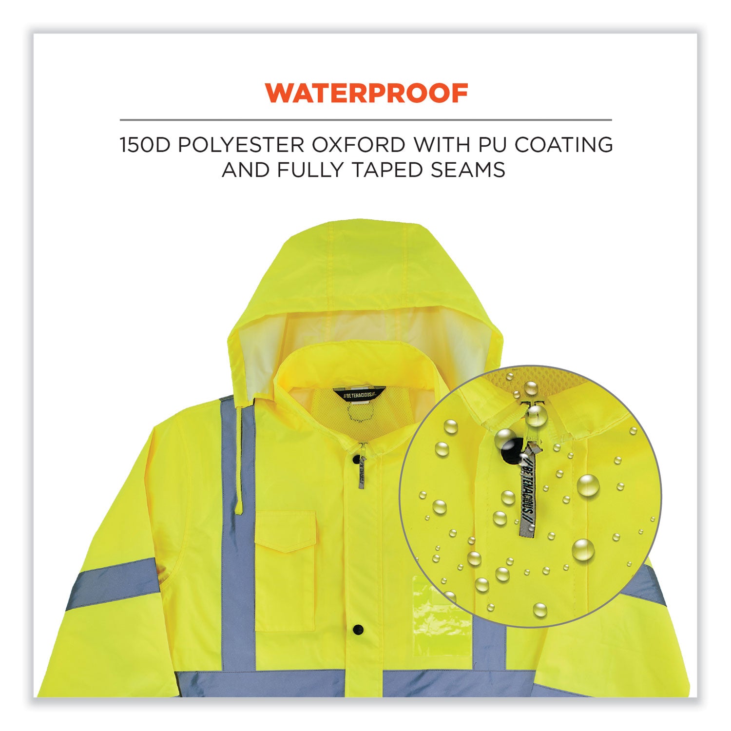 Ergodyne 8366 Lightweight Hi-Vis Rain Jacket, Type R Class 3, 3X-Large, Lime, Polyurethane/150D Oxford Polyester, Hook & Loop Wrist, Drawstring Closure, Machine Washable, Waterproof, 1 Each