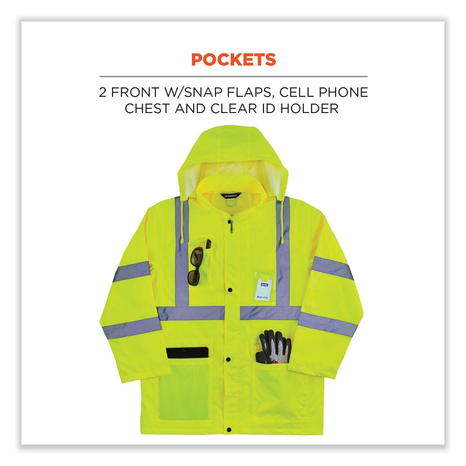 Ergodyne 8366 Lightweight Hi-Vis Rain Jacket, Type R Class 3, 3X-Large, Lime, Polyurethane/150D Oxford Polyester, Hook & Loop Wrist, Drawstring Closure, Machine Washable, Waterproof, 1 Each