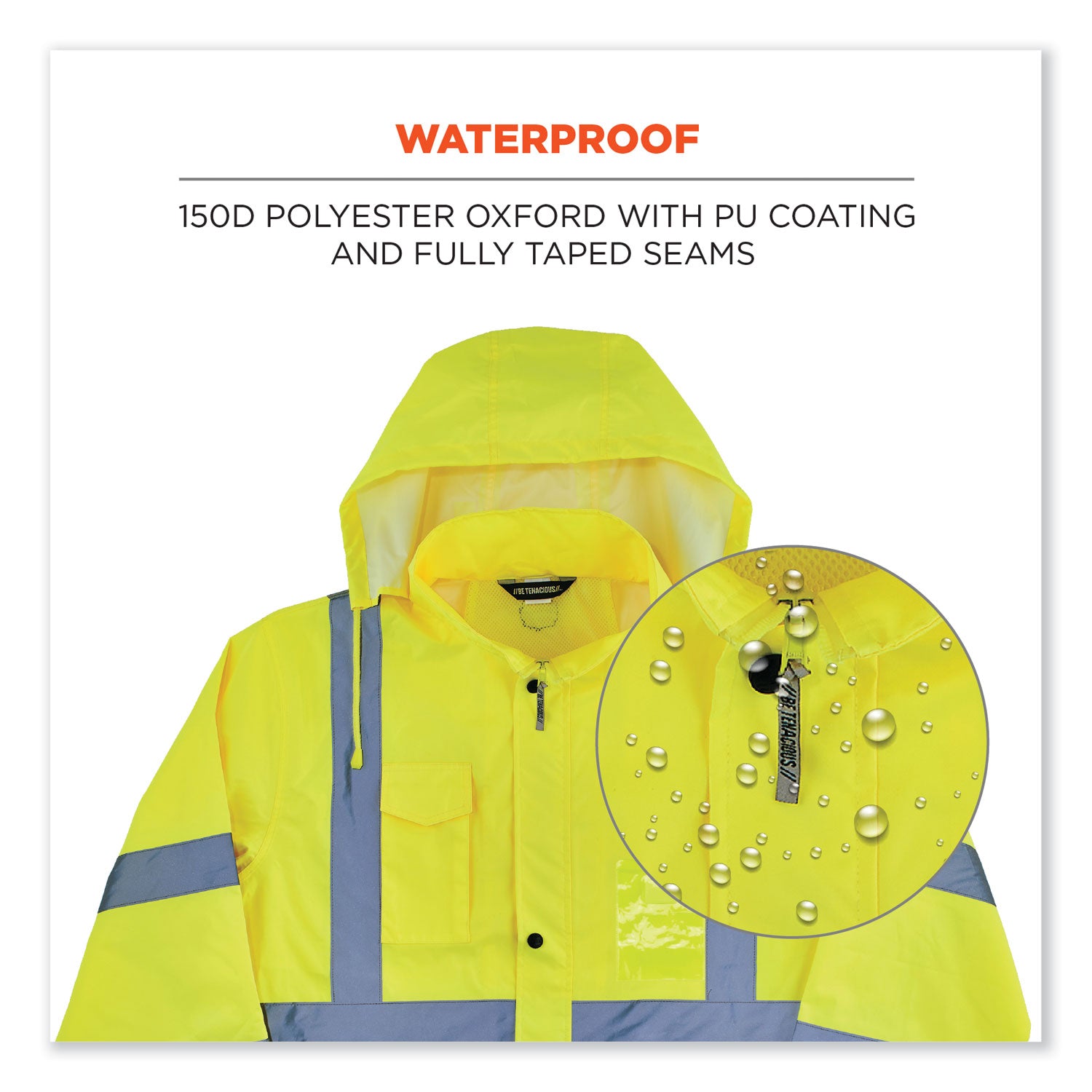 Ergodyne 8366 Lightweight Hi-Vis Rain Jacket, Type R Class 3, Lime, 5X-Large, Polyurethane/150D Oxford Polyester, Hook & Loop Wrist, Drawstring Closure, 1 Each