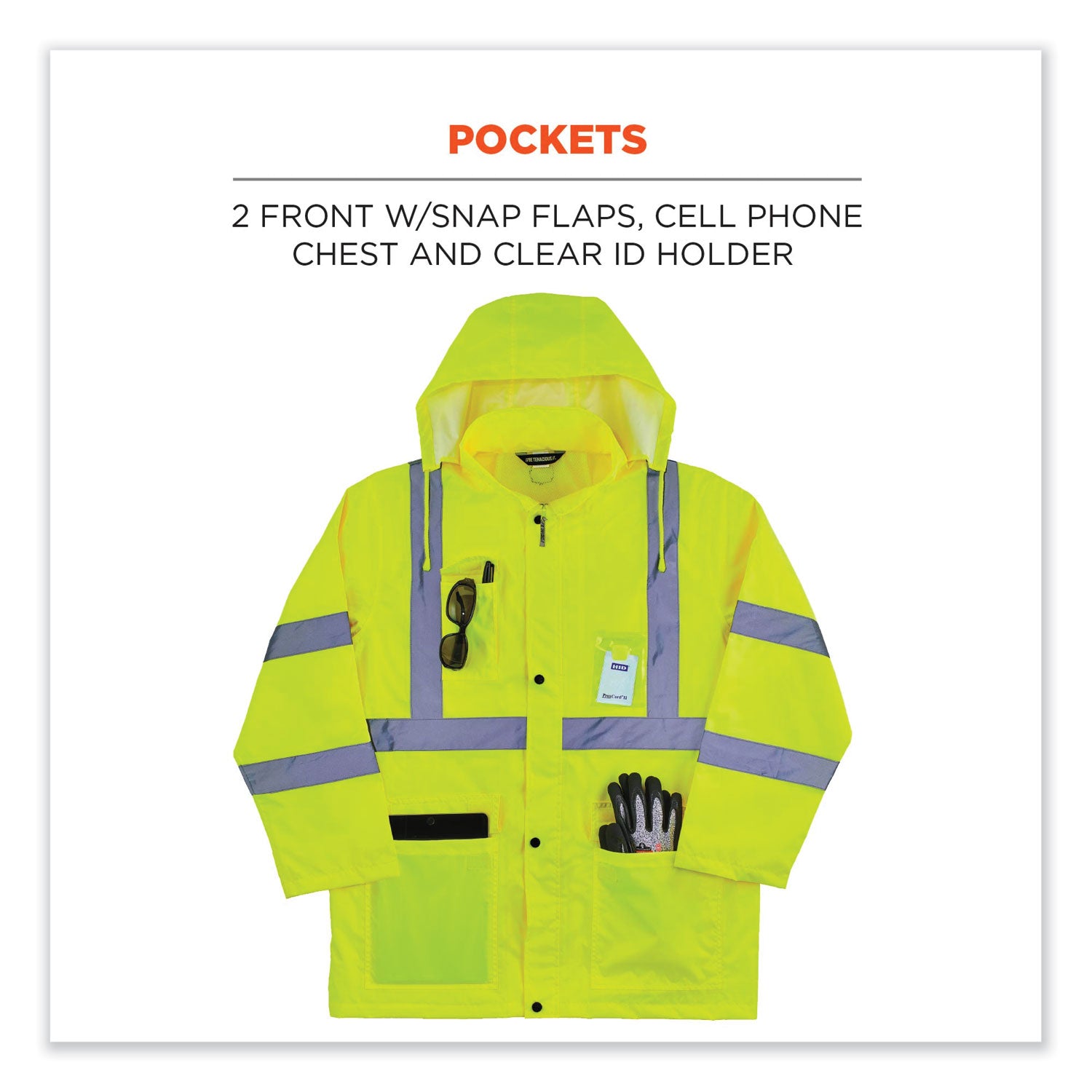 Ergodyne 8366 Lightweight Hi-Vis Rain Jacket, Type R Class 3, Lime, 5X-Large, Polyurethane/150D Oxford Polyester, Hook & Loop Wrist, Drawstring Closure, 1 Each
