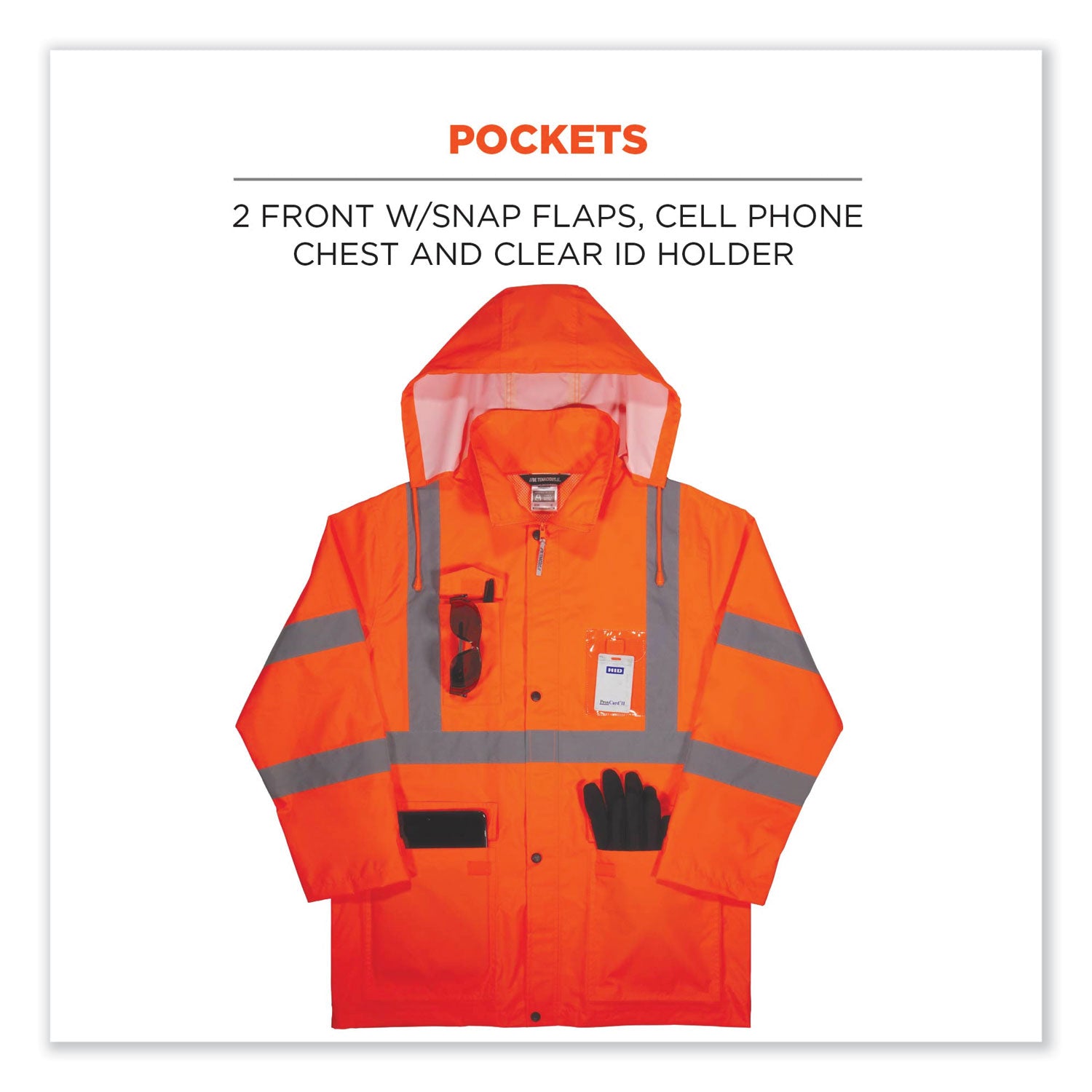 Ergodyne 8366 Lightweight Hi-Vis Rain Jacket, Type R Class 3, Large, Orange, Polyurethane/150D Oxford Polyester, Hook & Loop Wrist, Drawstring Closure, 1 Each