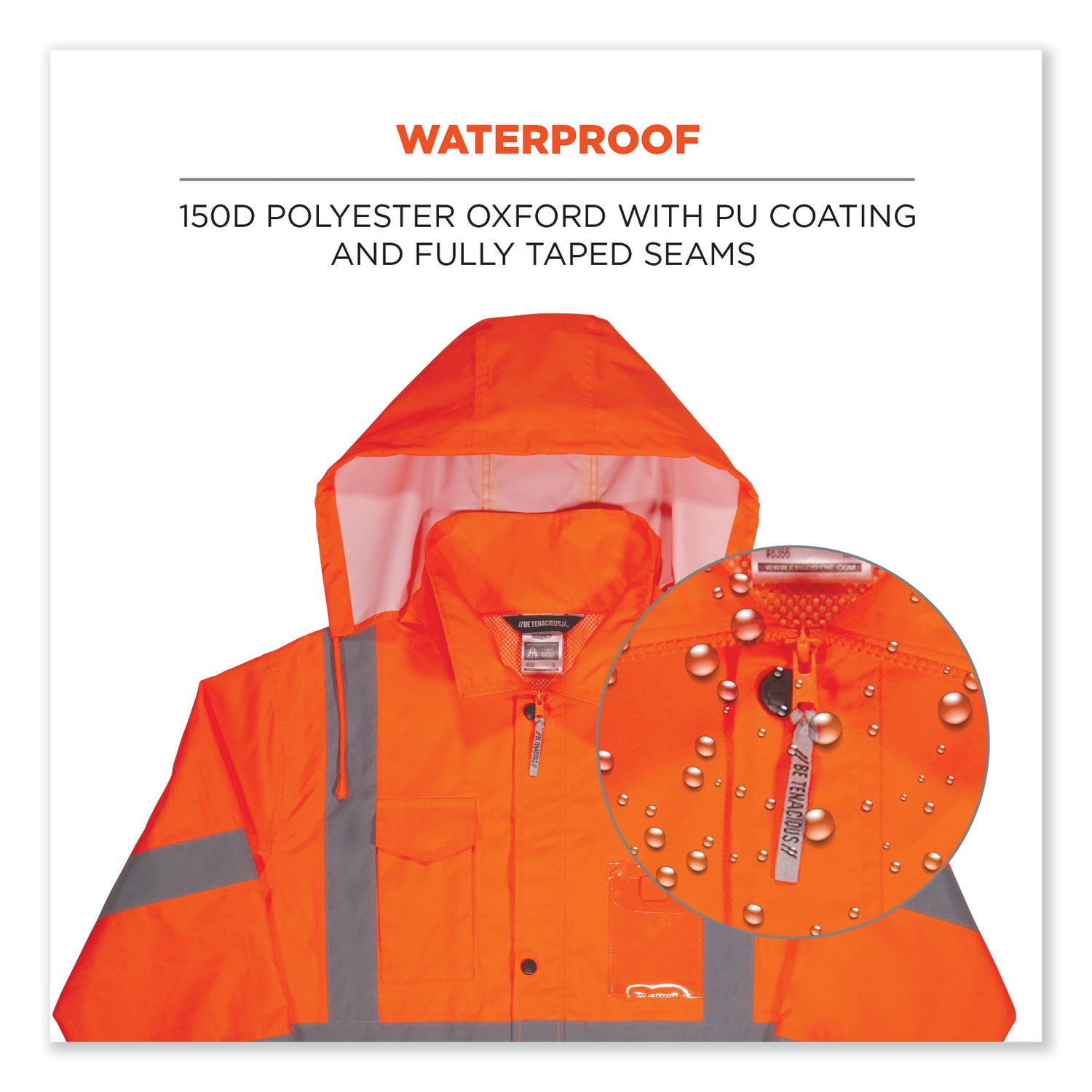 Ergodyne 8366 Lightweight Hi-Vis Rain Jacket, Type R Class 3, Extra Large, Orange, Polyurethane/150D Oxford Polyester, Hook & Loop Wrist, Drawstring Closure, 1 Each