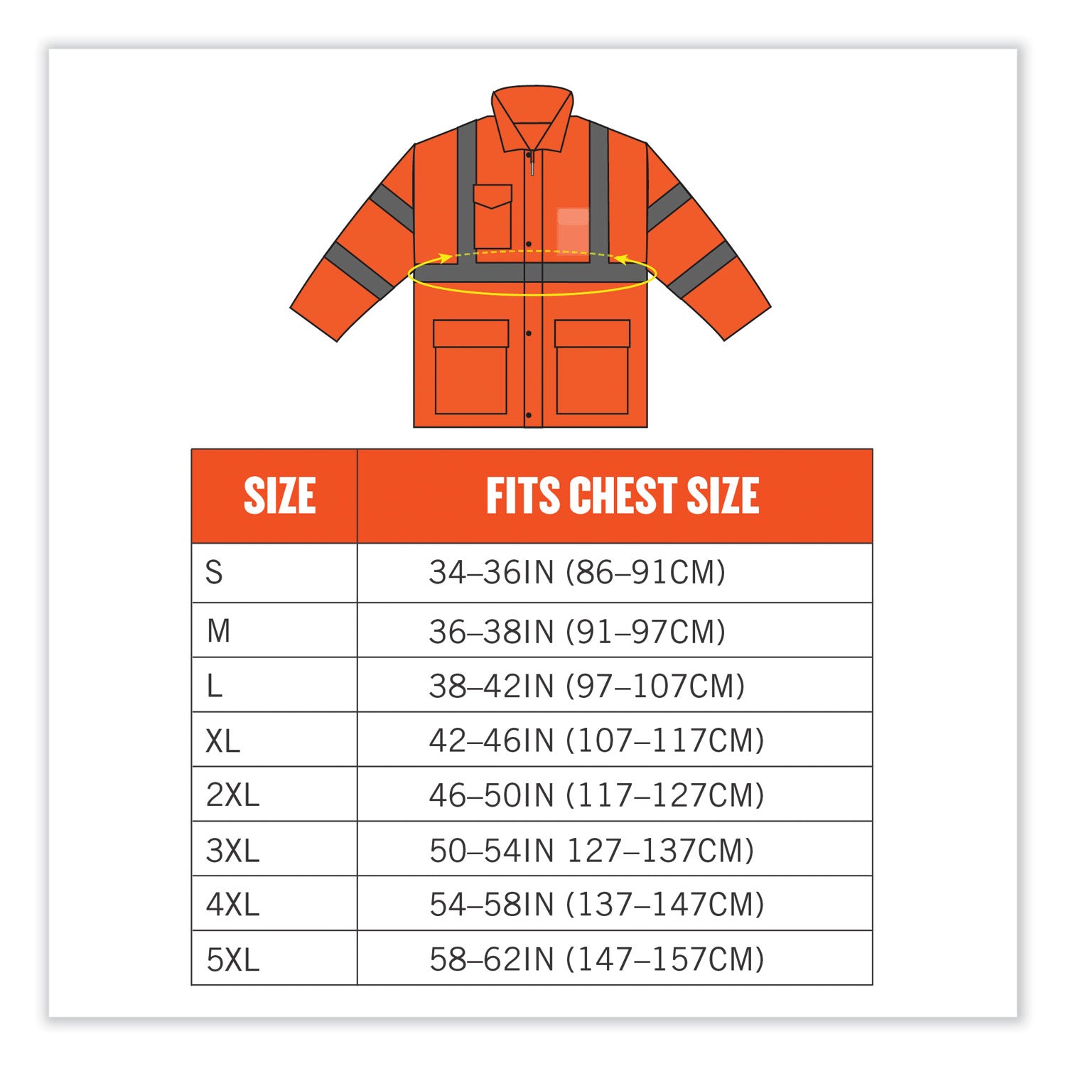 Ergodyne 8366 Lightweight Hi-Vis Rain Jacket, Type R Class 3, 5X-Large, Orange, Polyurethane/150D Oxford Polyester, Hook & Loop Wrist, Drawstring Closure, 1 Each