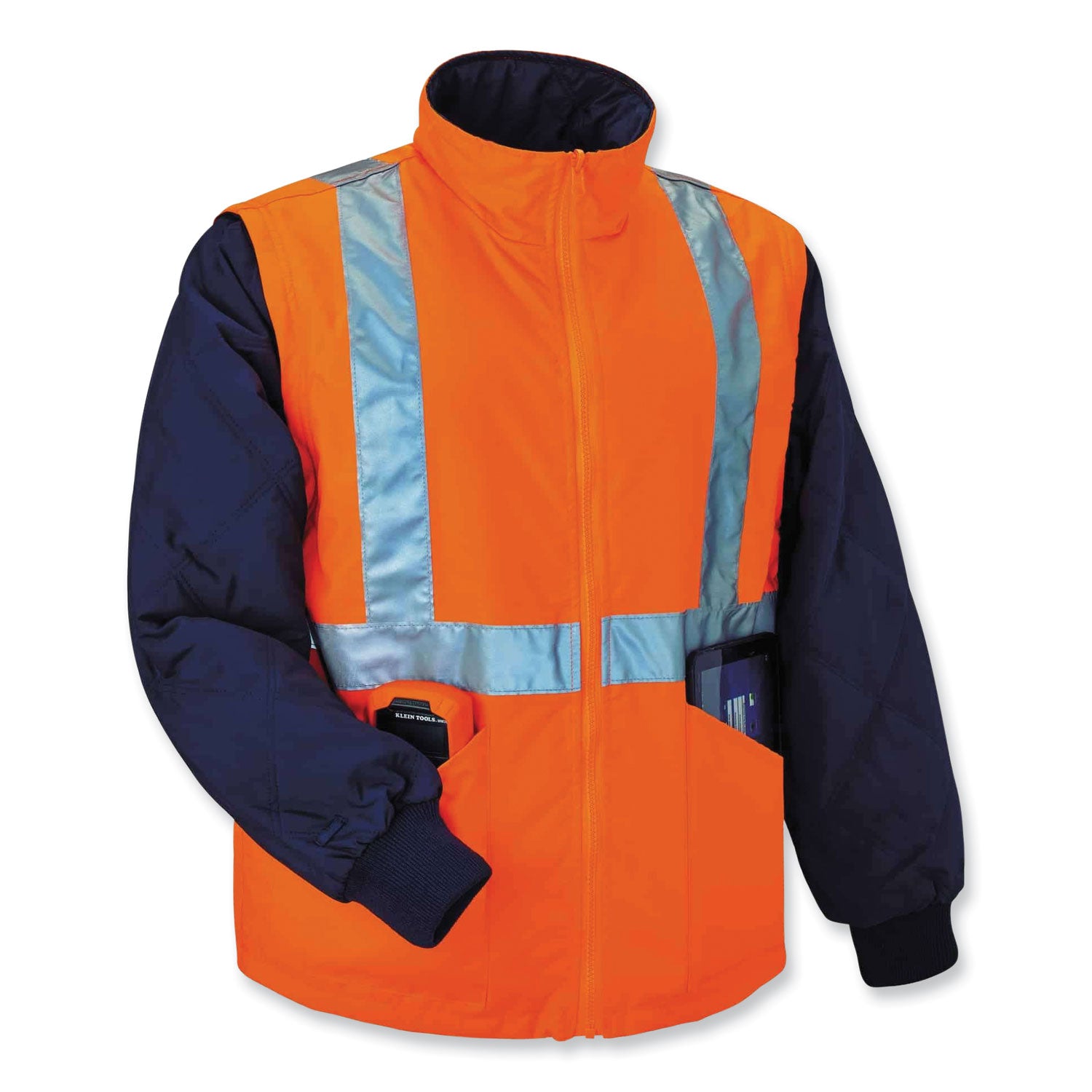 Ergodyne GloWear 8385 4-in-1 High Visibility Jacket, Small, Orange, Zipper Closure, Weatherproof, Reflective Strip, Removable Sleeves, Inset Hood, Chest and Cell Phone Pockets, 1 Each