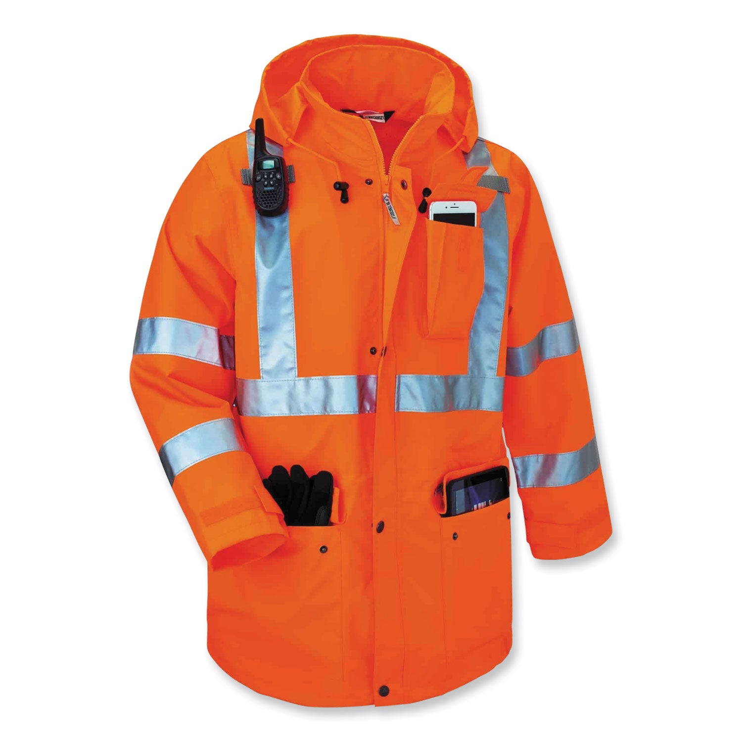 Ergodyne GloWear 4-in-1 High Visibility Jacket, Medium, Orange, Zipper Closure, Weatherproof, Reflective Strips, Removable Sleeves, Inset Hood, Chest and Cell Phone Pockets, 1 Each